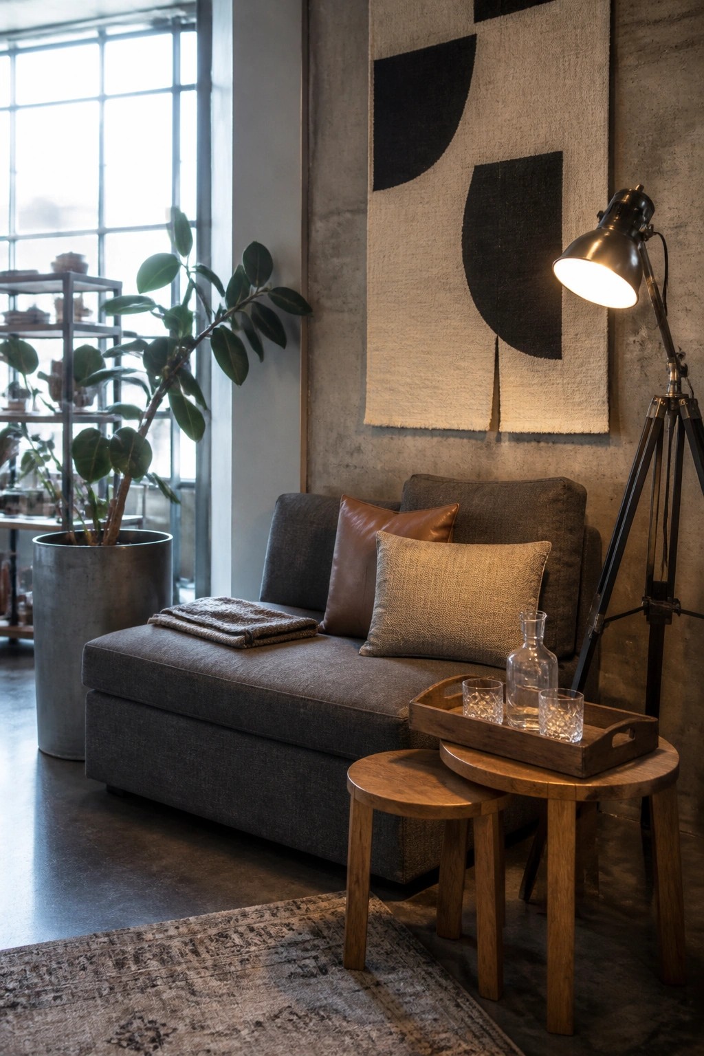 A gray chaise lounge with pillows sits in an industrial-style room next to a large potted plant and two round wooden stools holding a tray with glasses.