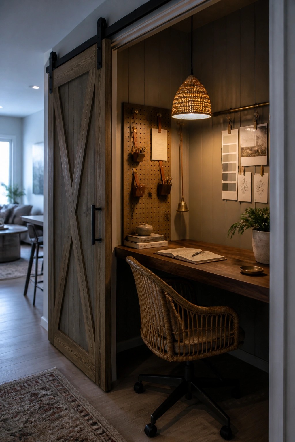 A wooden sliding barn door partially open to reveal a compact home office with a wooden desk, woven chair, pegboard wall, and hanging light.