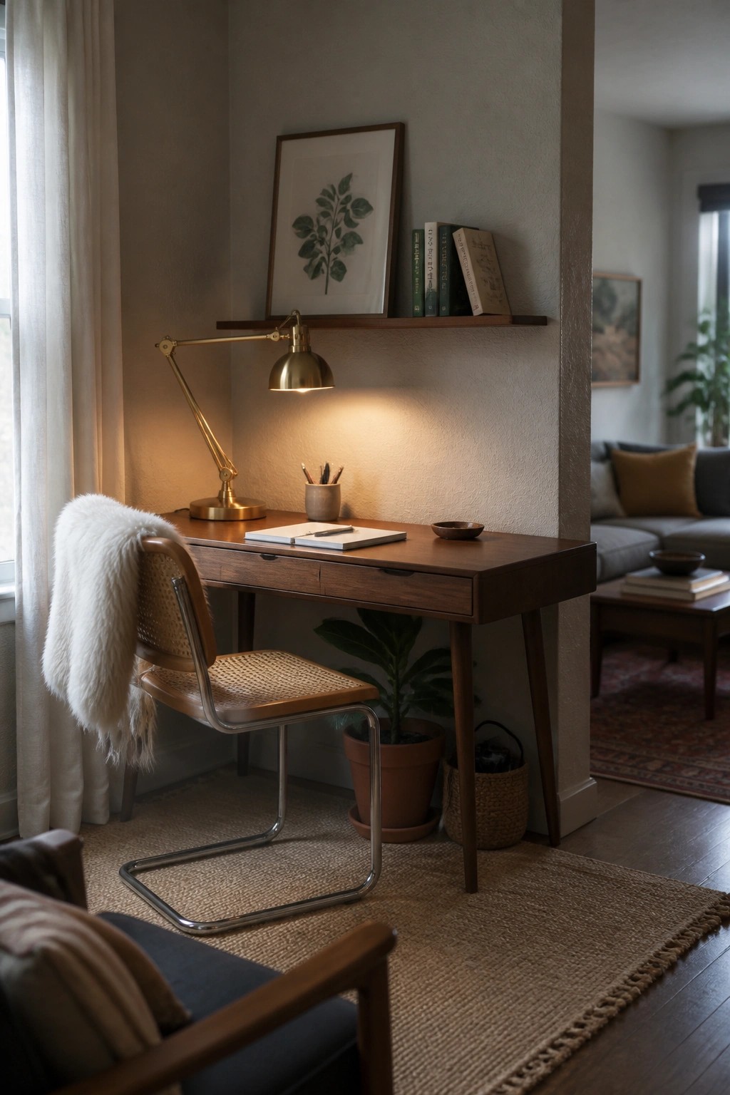 Cozy wooden desk with lit brass lamp, cane chair, fur throw, and shelf of books