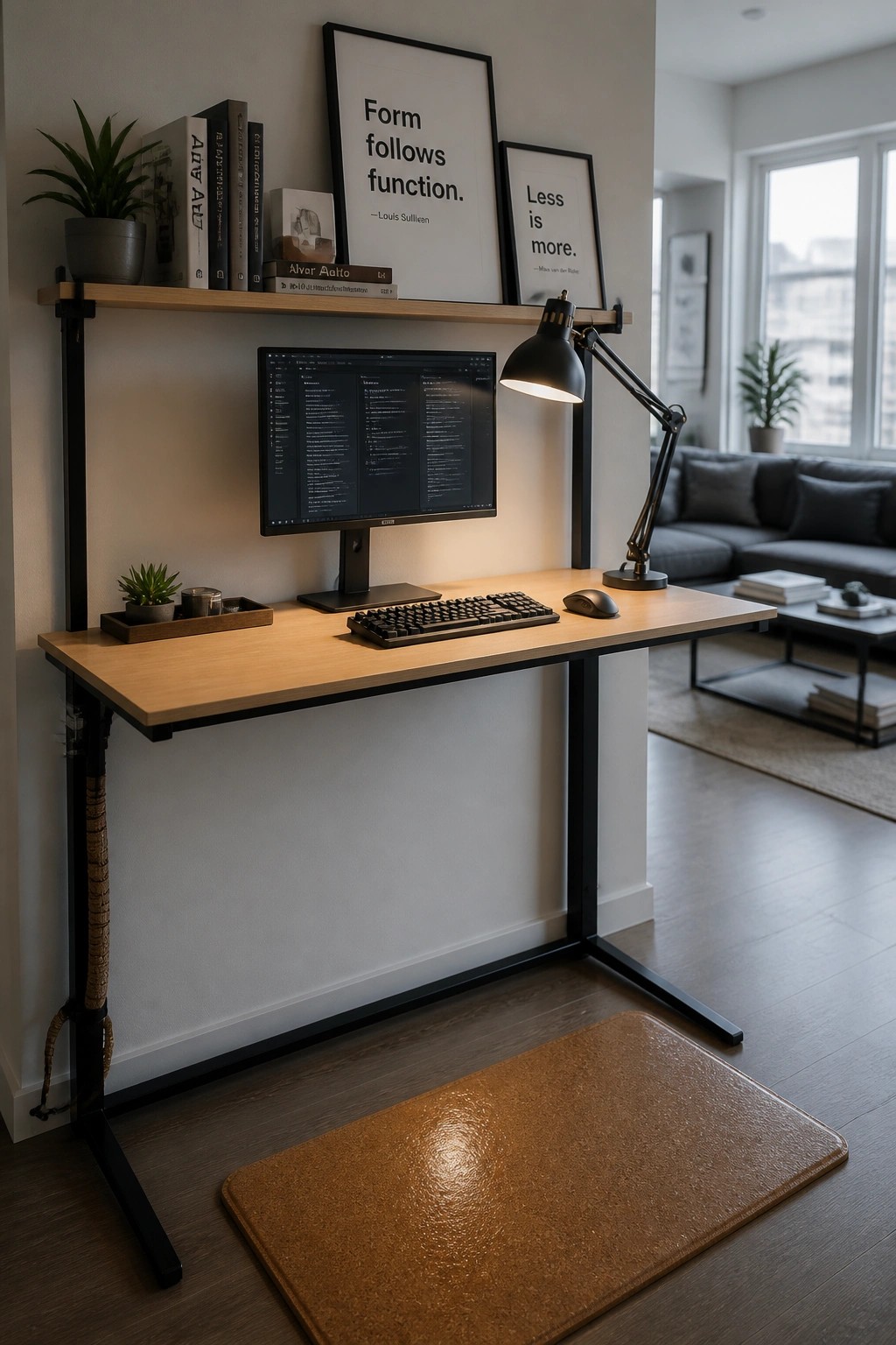 A wooden desk with a computer monitor, keyboard, and black desk lamp sits beneath a wall-mounted shelf holding books, a potted plant, and two framed prints, with a cork mat on the floor below.