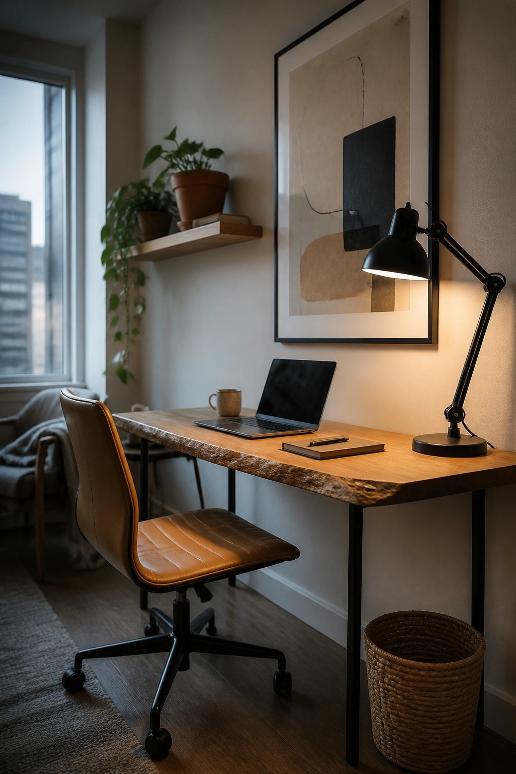 A home office featuring a live-edge wood desk with a brown leather swivel chair, an open laptop, a black desk lamp, and a woven basket underneath.
