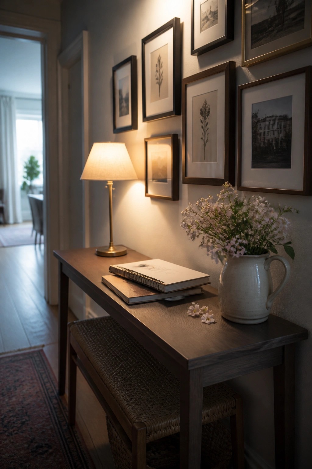 Wooden console table with glowing lamp, notebooks, and flower pitcher under framed gallery wall.