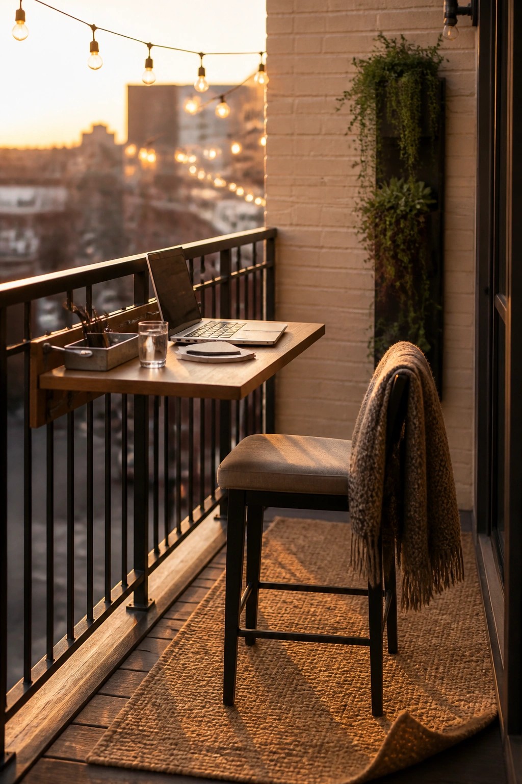 A wooden desk with a laptop on a balcony, a stool with a blanket, a woven rug, and string lights overhead at sunset.