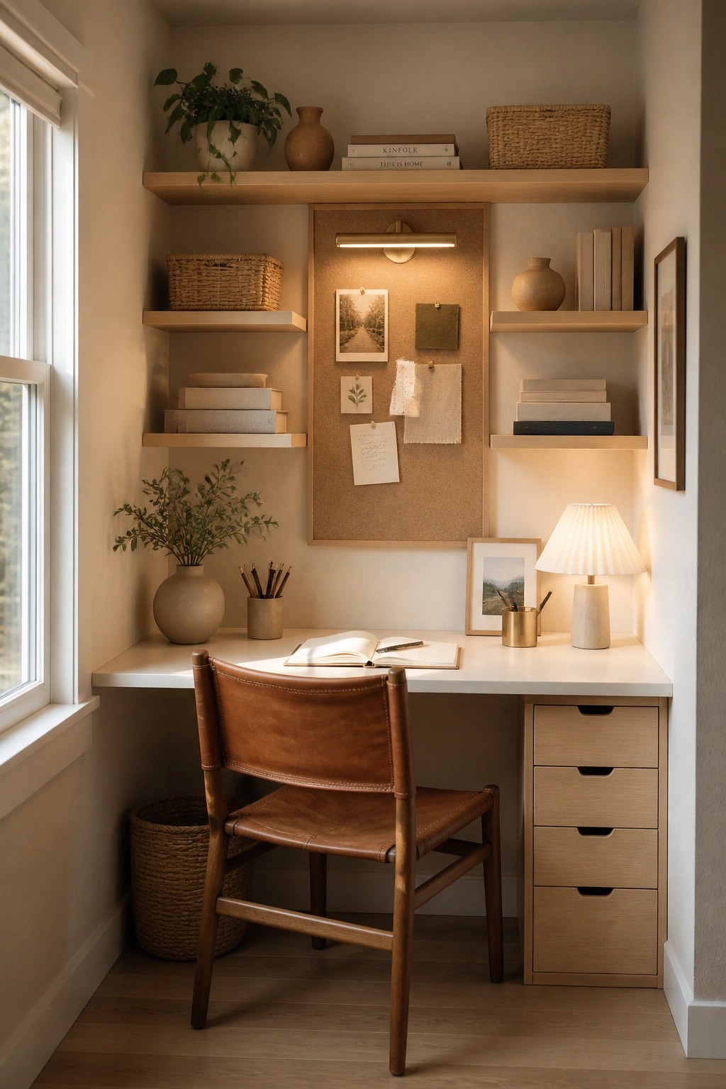 Cozy built-in desk nook with leather chair, shelves, plants, corkboard, and warm lighting.