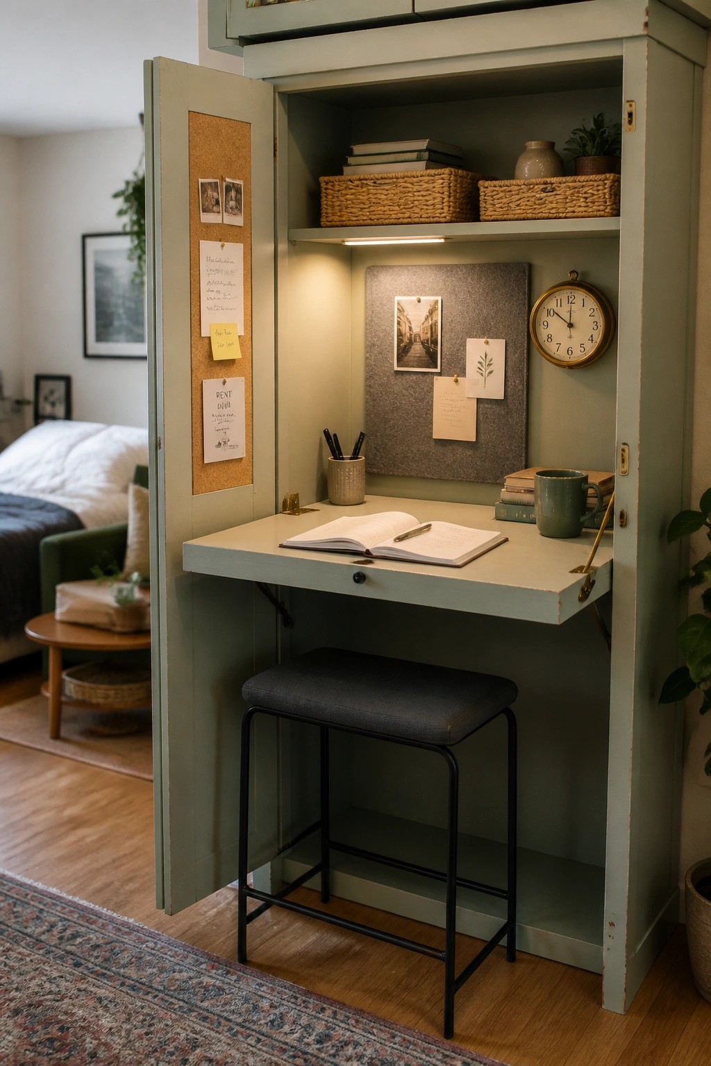 A light green cabinet with open doors shows a fold-down desk holding an open notebook, a stool below, and shelves with baskets and items above.