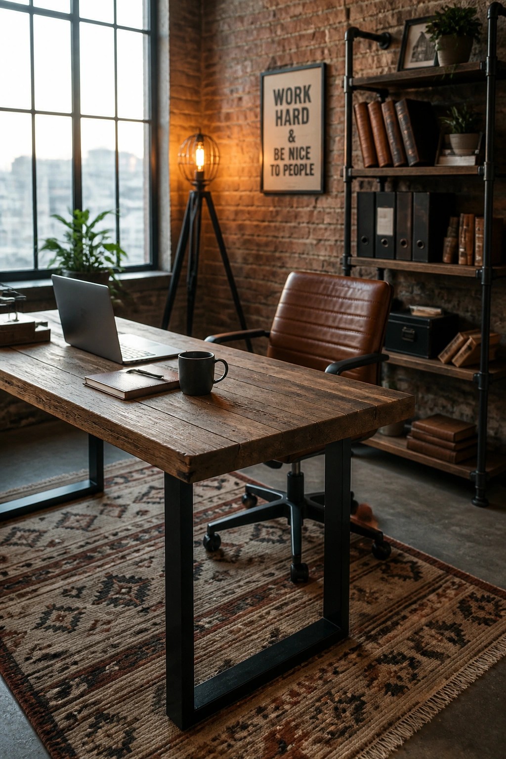 A wooden desk with black metal legs sits on a patterned rug in a brick-walled office, with a laptop, notebook, and mug on top and a brown leather chair pulled up to it.
