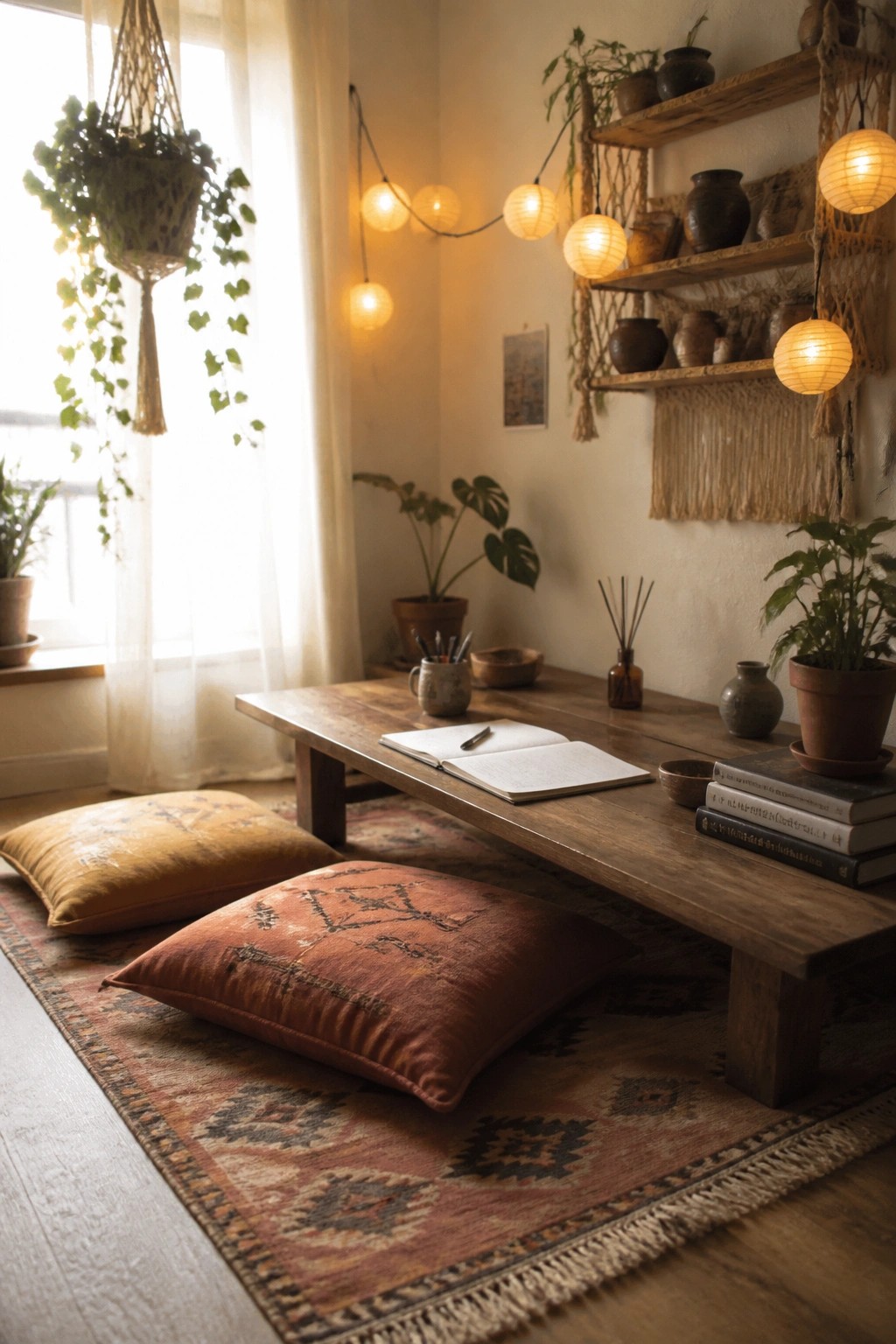 A low wooden table with an open notebook and pen rests on a patterned rug next to two floor cushions, surrounded by potted plants and warm string lights.