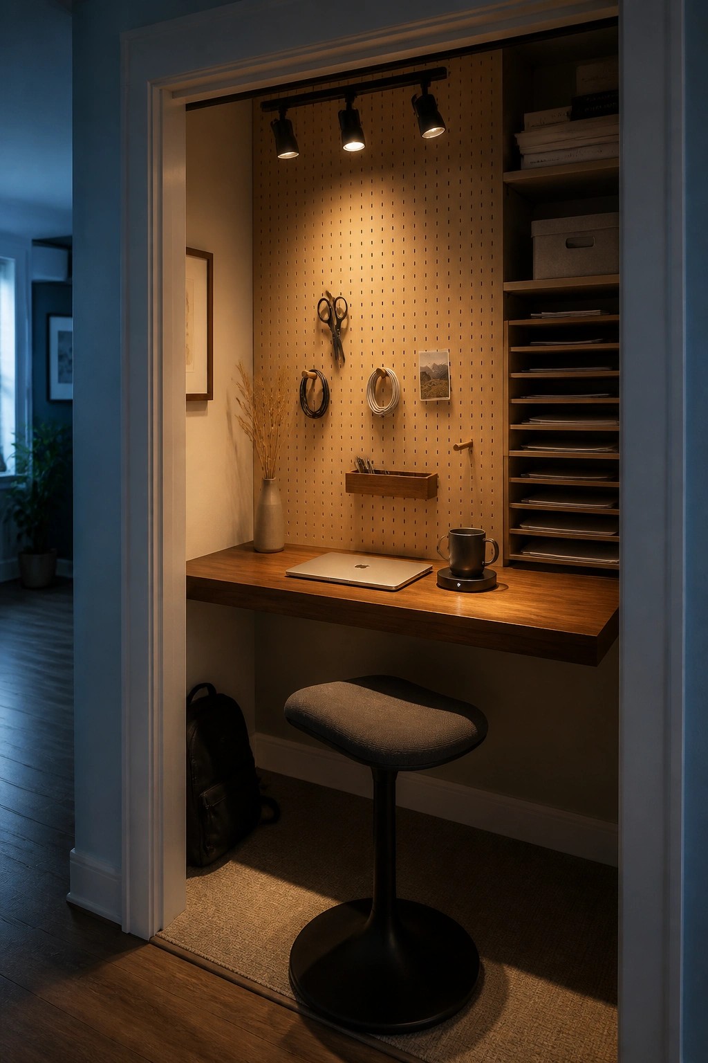 A compact home office nook featuring a wooden desk, gray upholstered stool, and pegboard wall with hanging tools and accessories under warm track lighting.