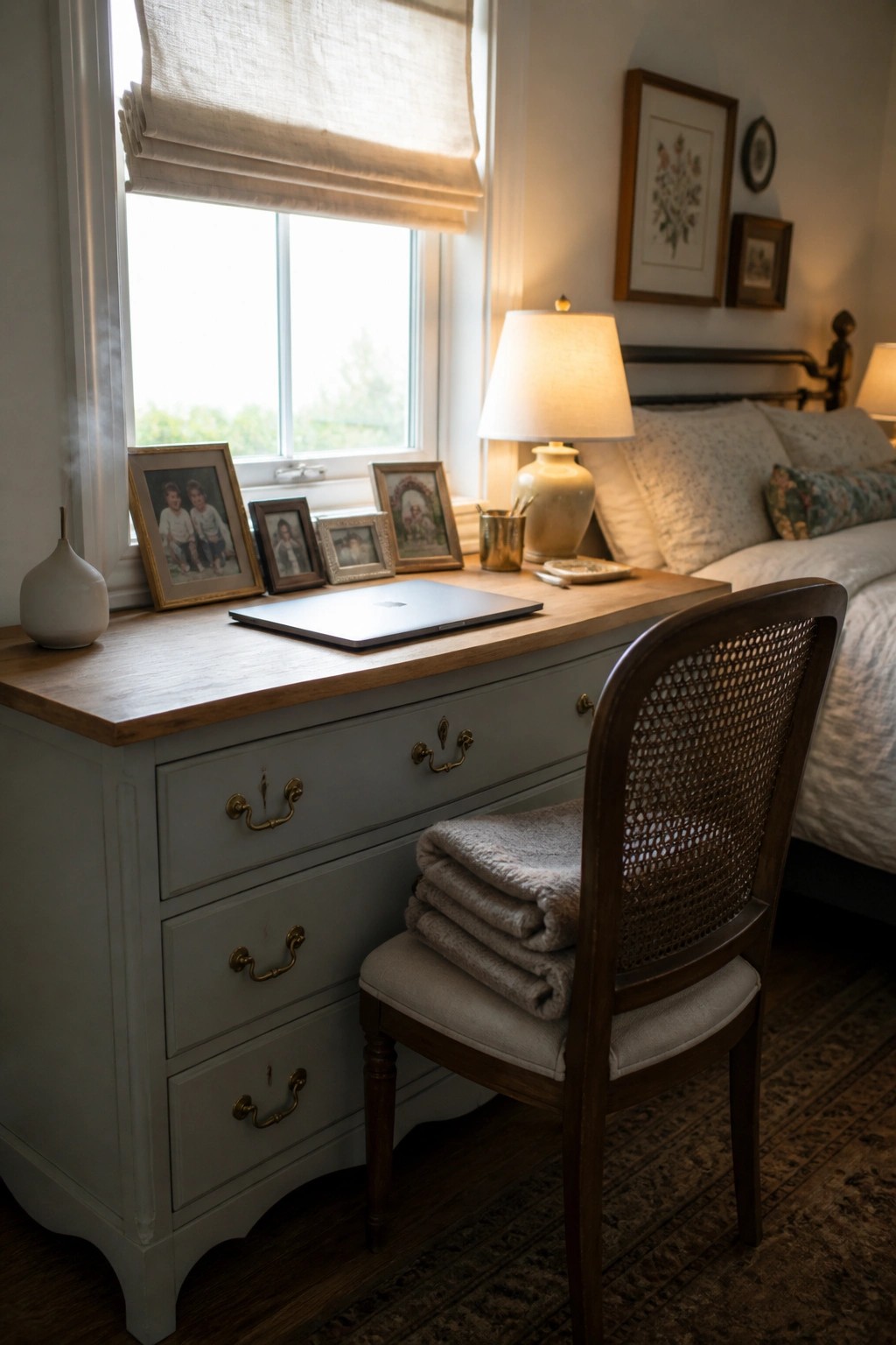 A gray painted dresser with a wooden top holds a laptop beside a window, with framed photos and a lamp on the surface, and a wooden chair with folded blankets in front.