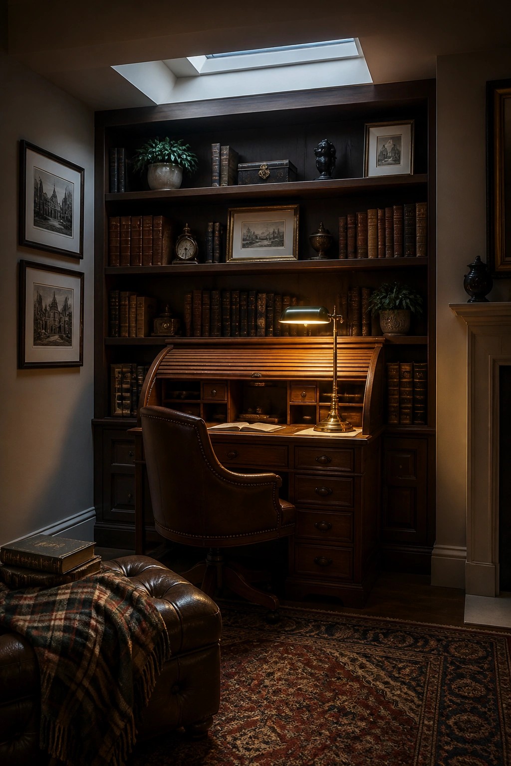 A wooden roll top desk with a lit brass lamp sits in front of built-in bookshelves in a room with a skylight above.