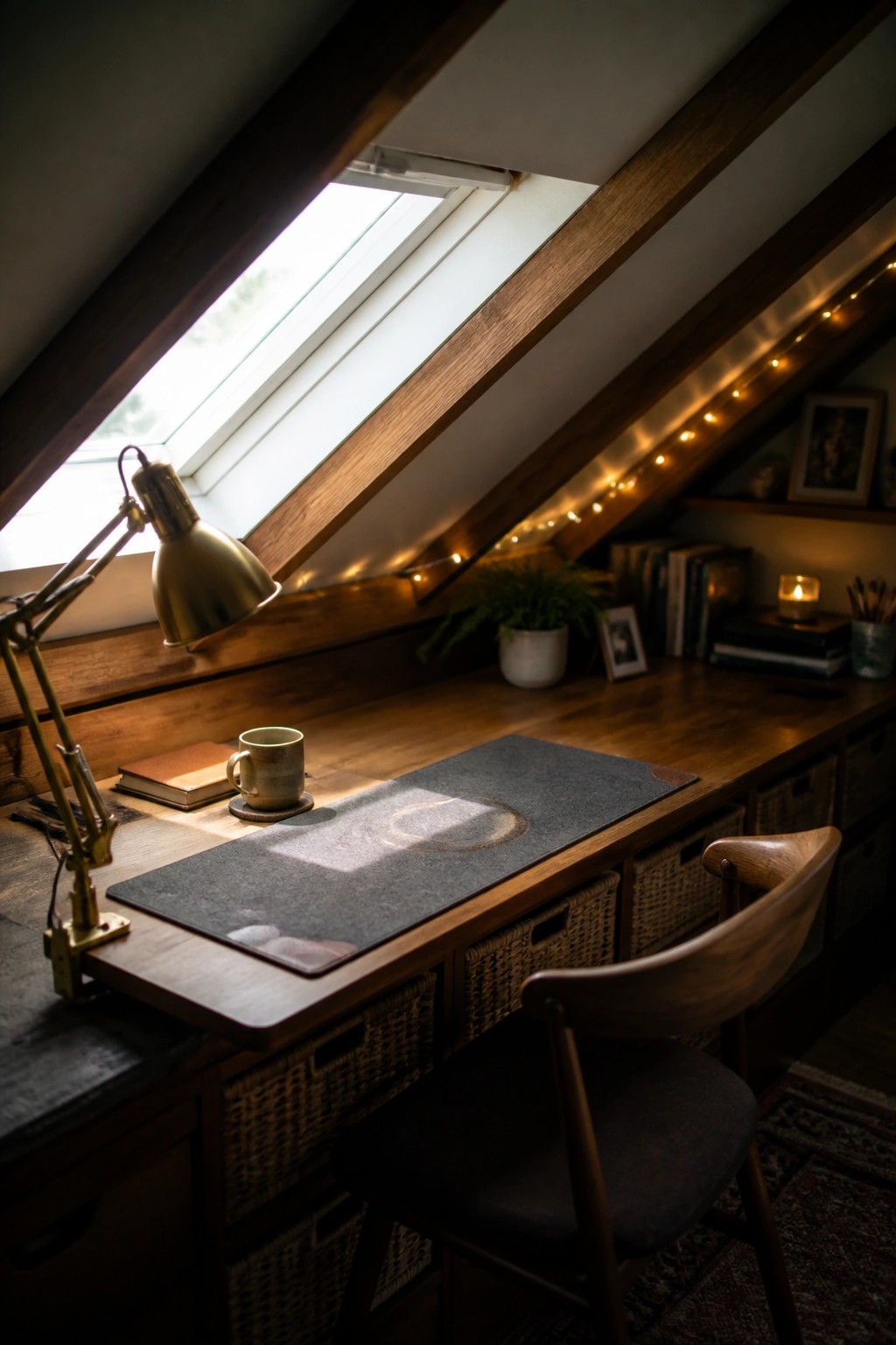 A wooden desk under a skylight in an attic workspace, with a brass lamp, mug, book, gray desk mat, and woven baskets stored underneath.