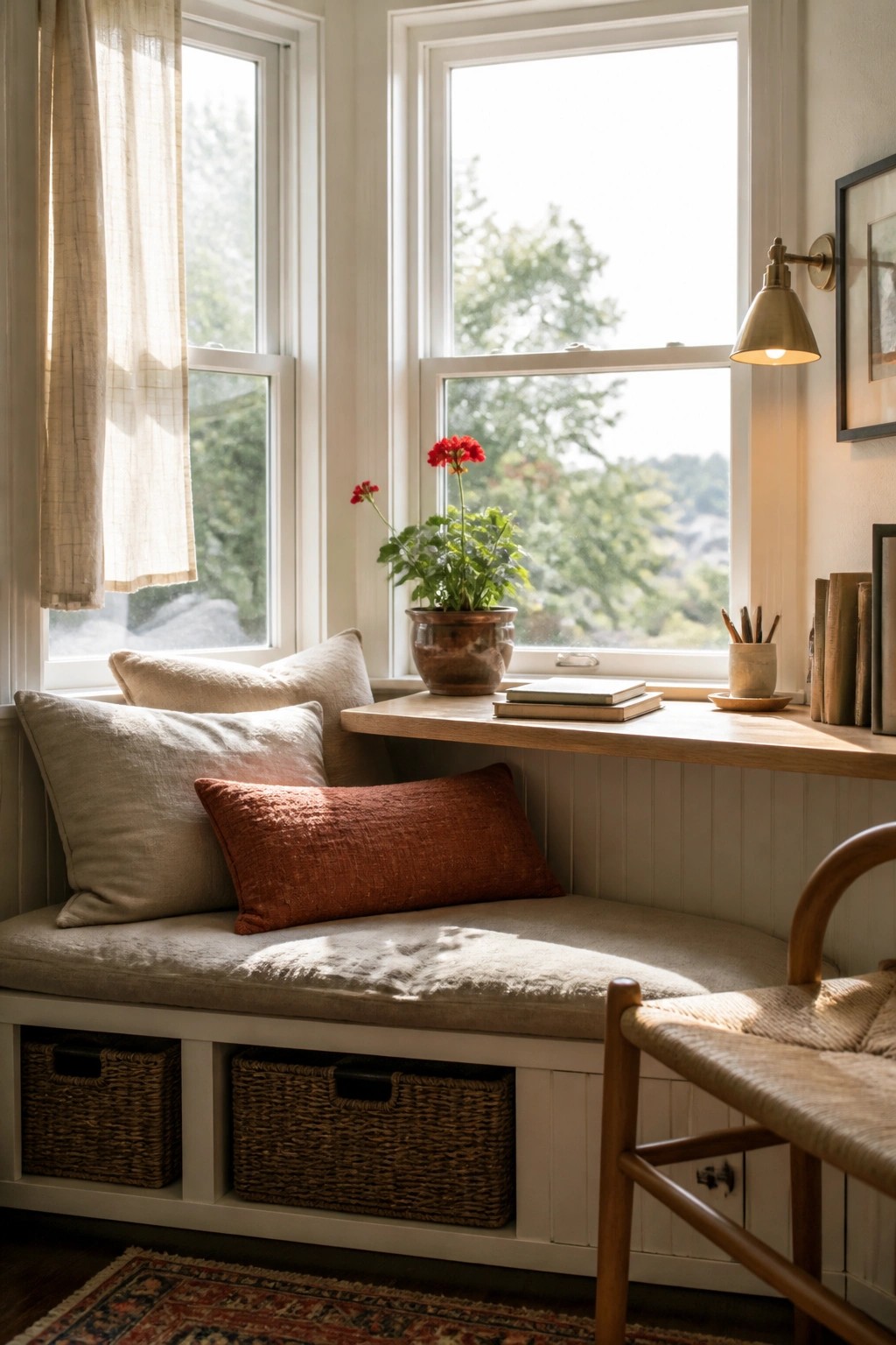 Cozy window seat with beige pillows, red flowers, books, and wicker baskets