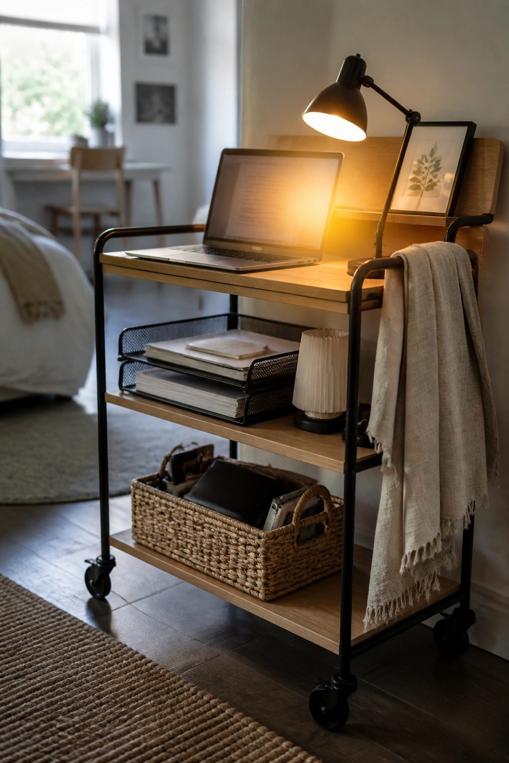 A wooden rolling cart with black metal frame holds an open laptop, lit desk lamp, and stacked trays on top, with a woven basket on the bottom shelf.