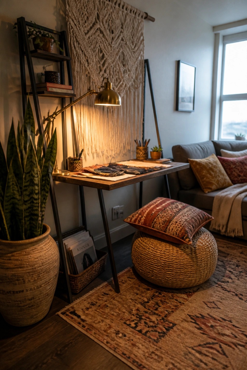 A wooden desk with a lit brass swing-arm lamp positioned in front of a macrame wall hanging, surrounded by plants and woven accessories in a home office.