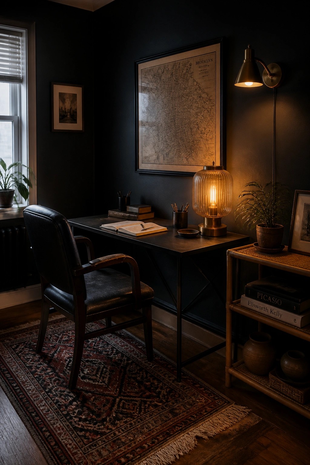 Dark moody study with leather chair, desk, glowing lamp, and Brooklyn map.
