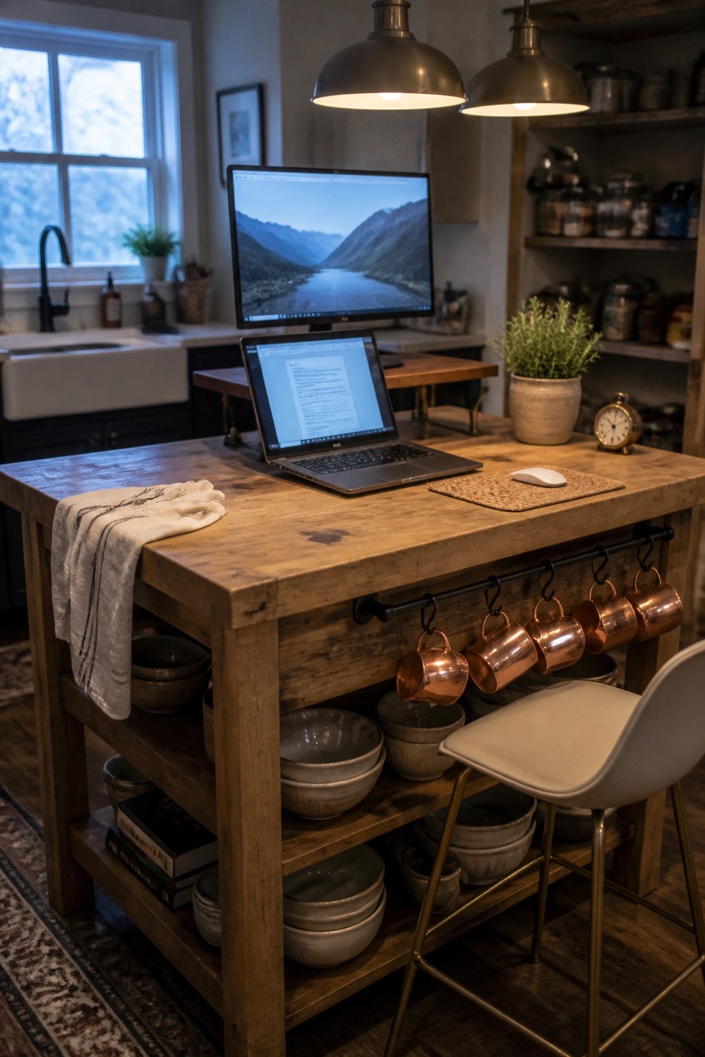 A wooden kitchen island with a laptop and external monitor on top, lower shelves holding bowls and books, and copper mugs hanging from one side.