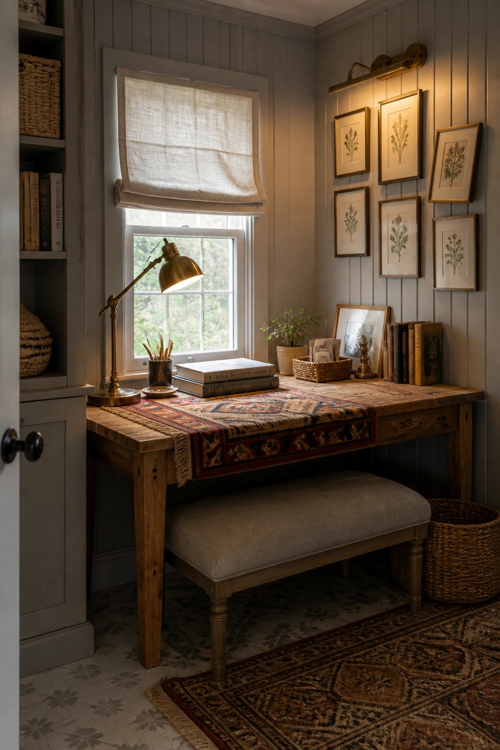 A wooden desk with a lit brass desk lamp under a window in a study with framed botanical prints on the wall.
