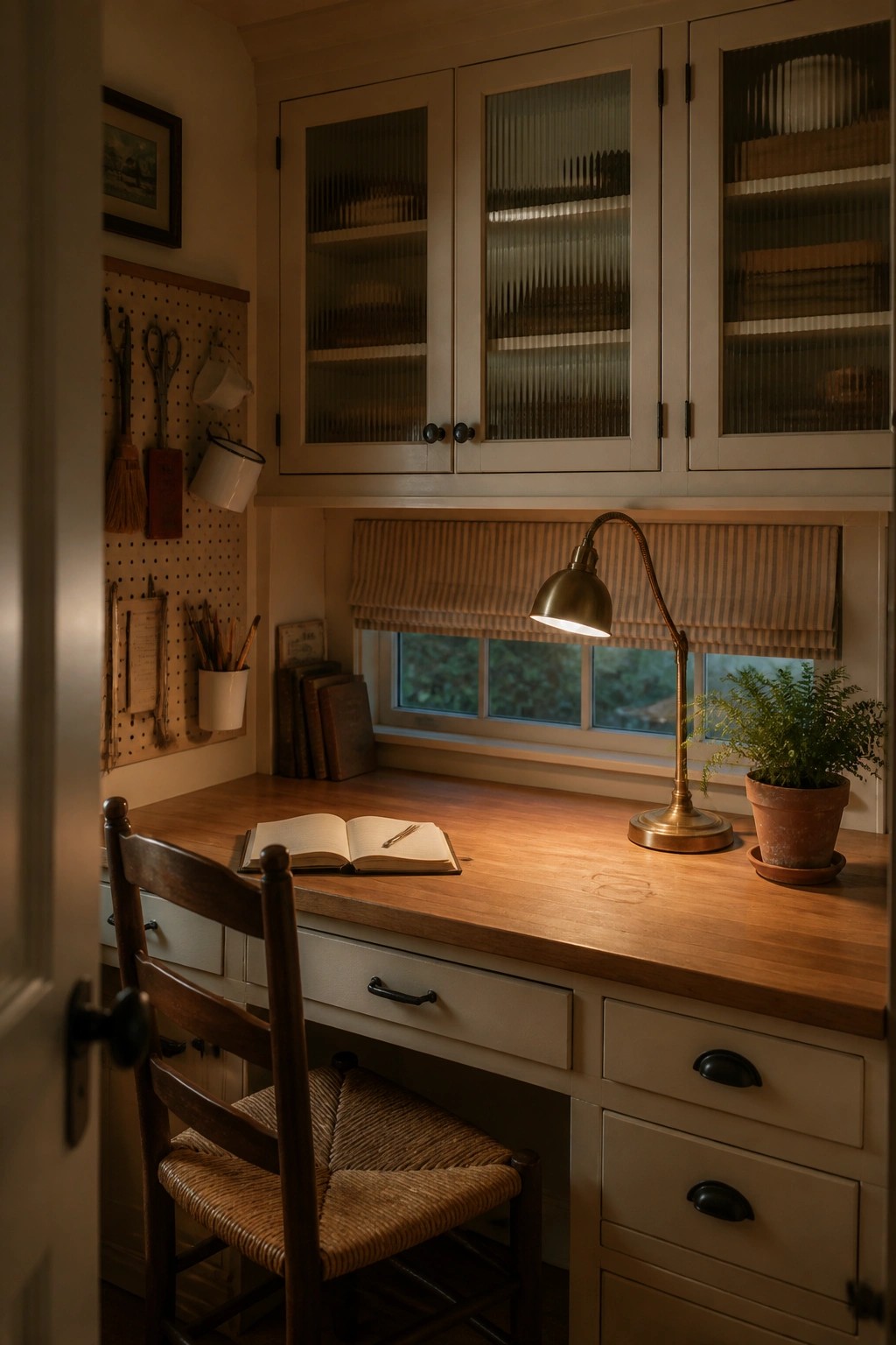 A wooden desk with an open book, pen, and lit brass desk lamp beneath white cabinets in a small study.