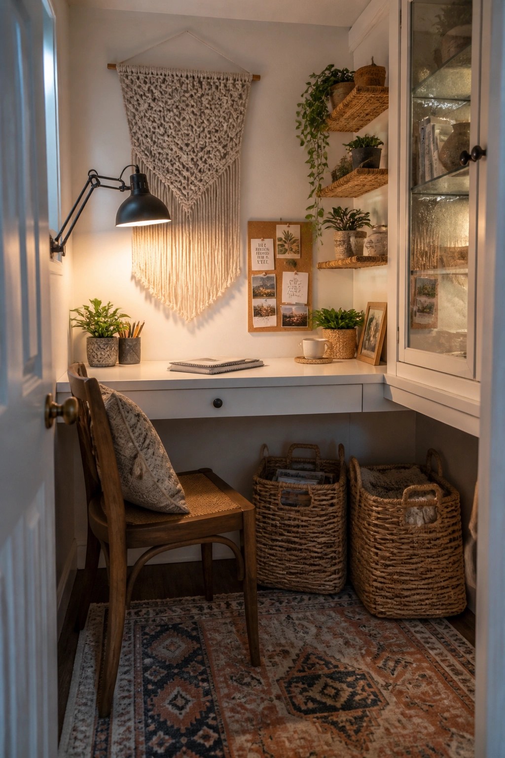 A small interior study nook with a white desk, wooden chair, black wall-mounted swing arm lamp, macrame wall hanging, corkboard, potted plants, and woven storage baskets.