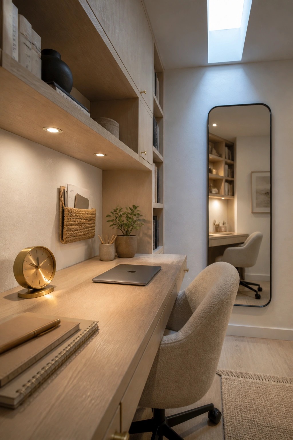 A narrow home study with a light wood desk, beige upholstered chair, built-in shelves, and a tall black-framed mirror reflecting the workspace.