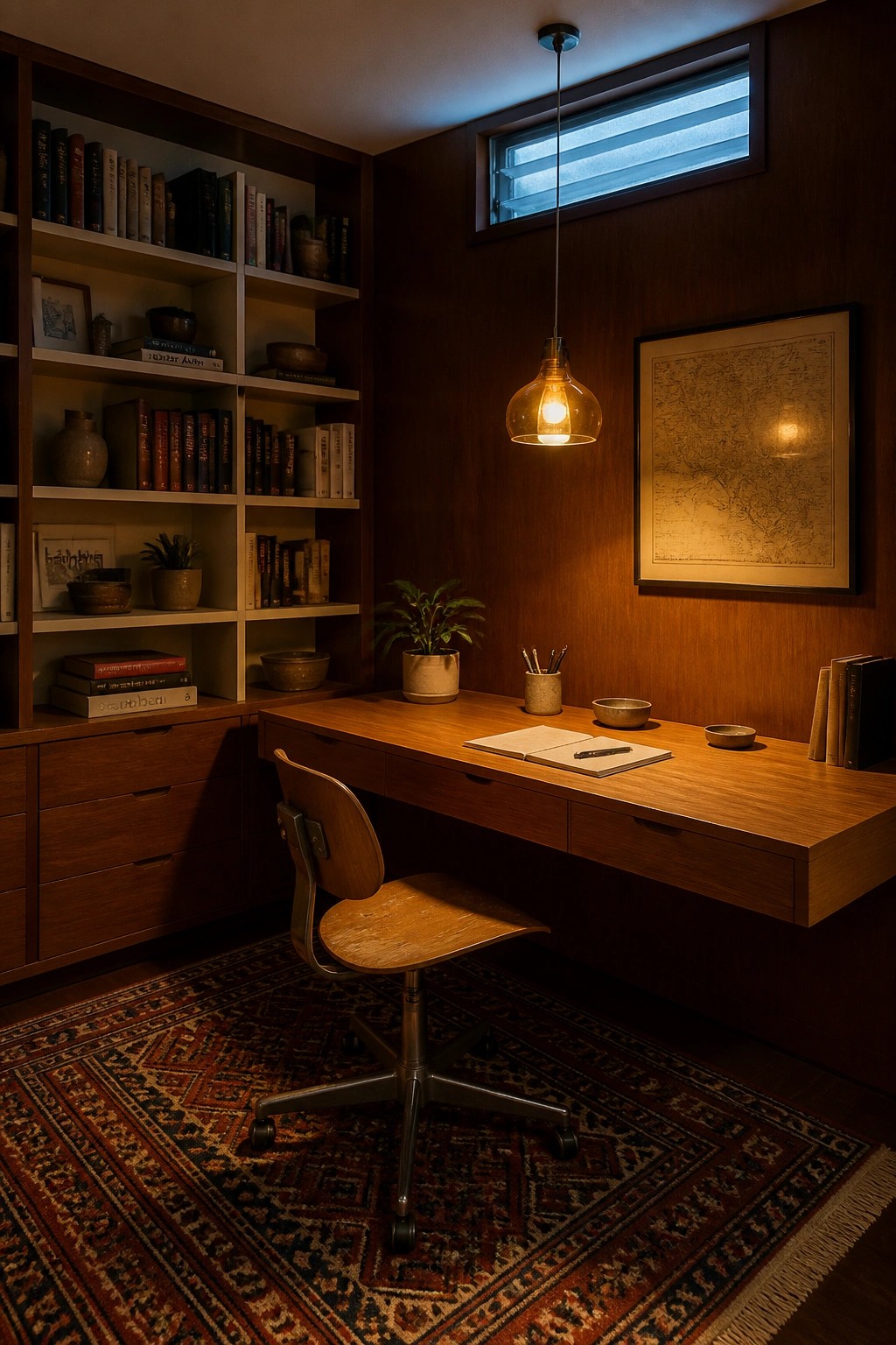 Cozy wooden study with desk, chair, bookshelves, pendant lamp, and patterned rug.