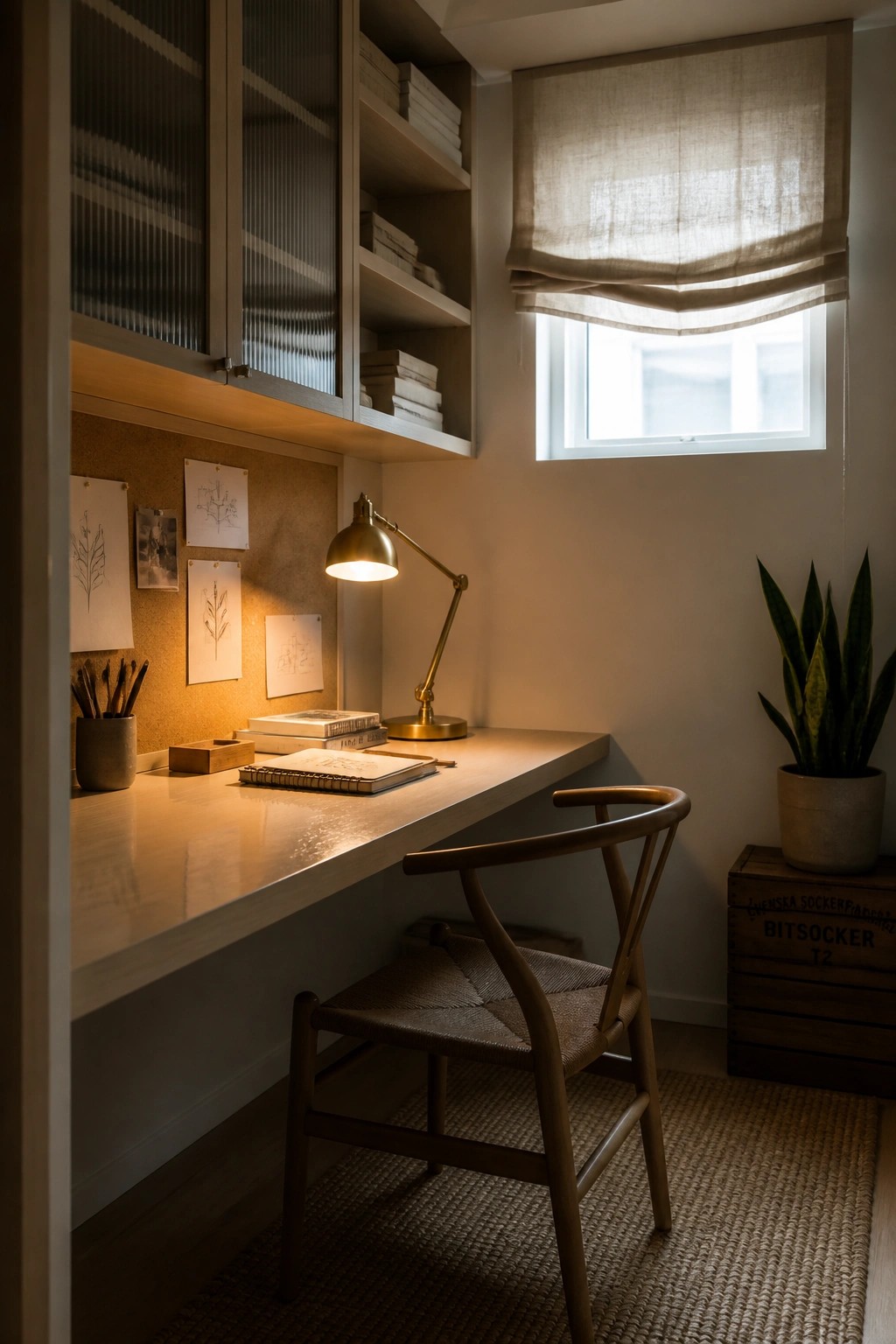 A built-in light wood desk with a brass task lamp, open notebook, and wall-mounted corkboard with pinned sketches in a small room with one window.