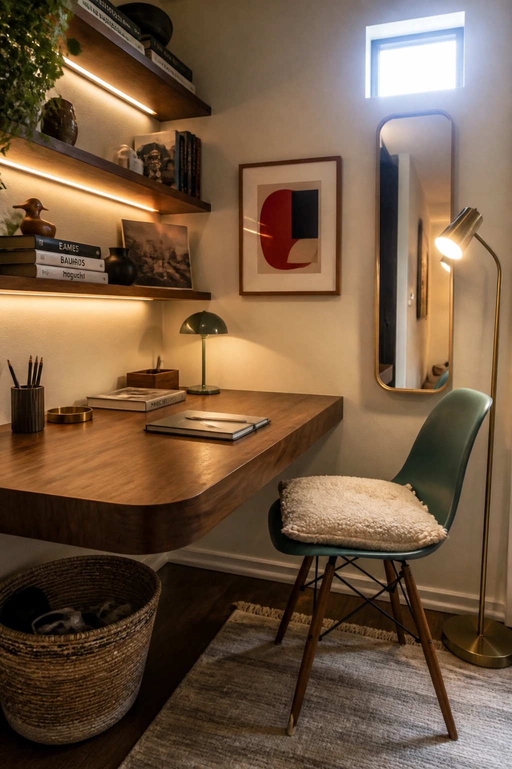 A wooden floating desk with under-shelf lighting, books, and decor items on the shelves above, a green chair on a rug, and a tall mirror on the wall.