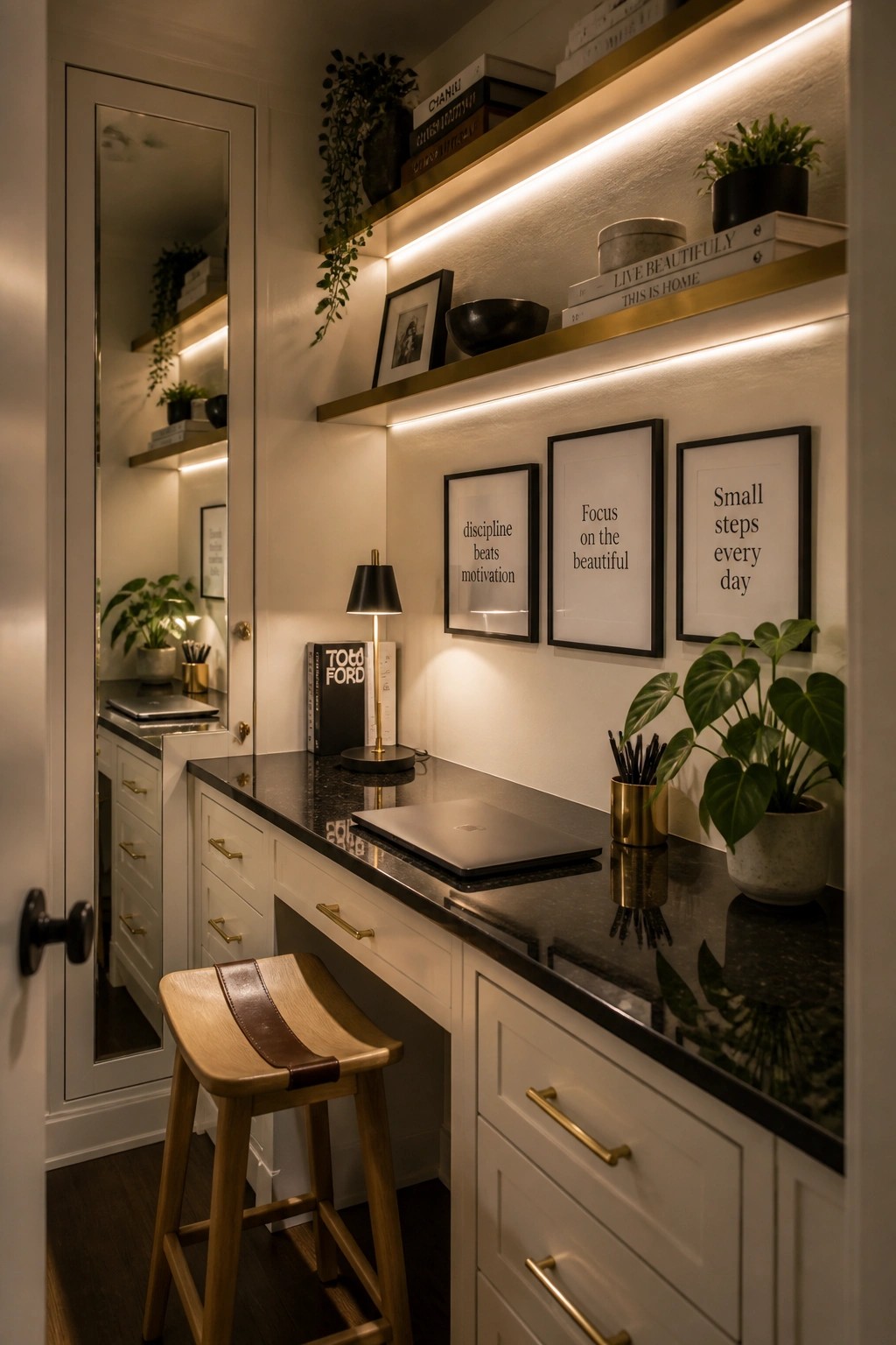 A compact home study features a white built-in desk with black countertop, wooden stool, open laptop, and two gold shelves with integrated lighting holding books, plants, and framed prints.