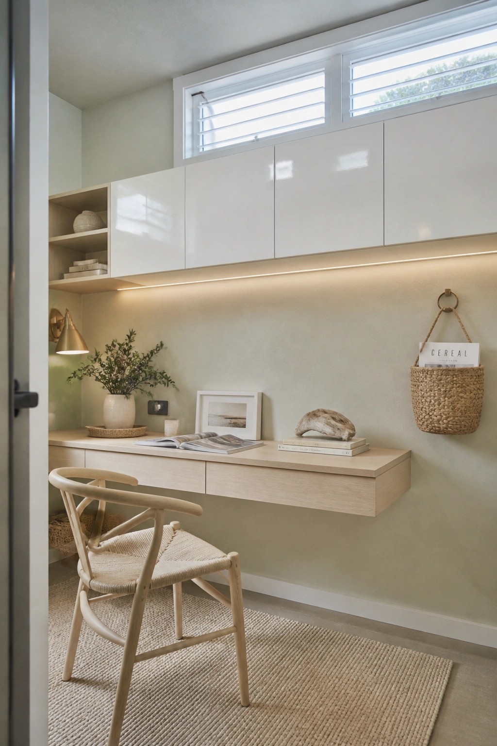 Minimalist floating wood desk with woven chair in neutral-toned study nook