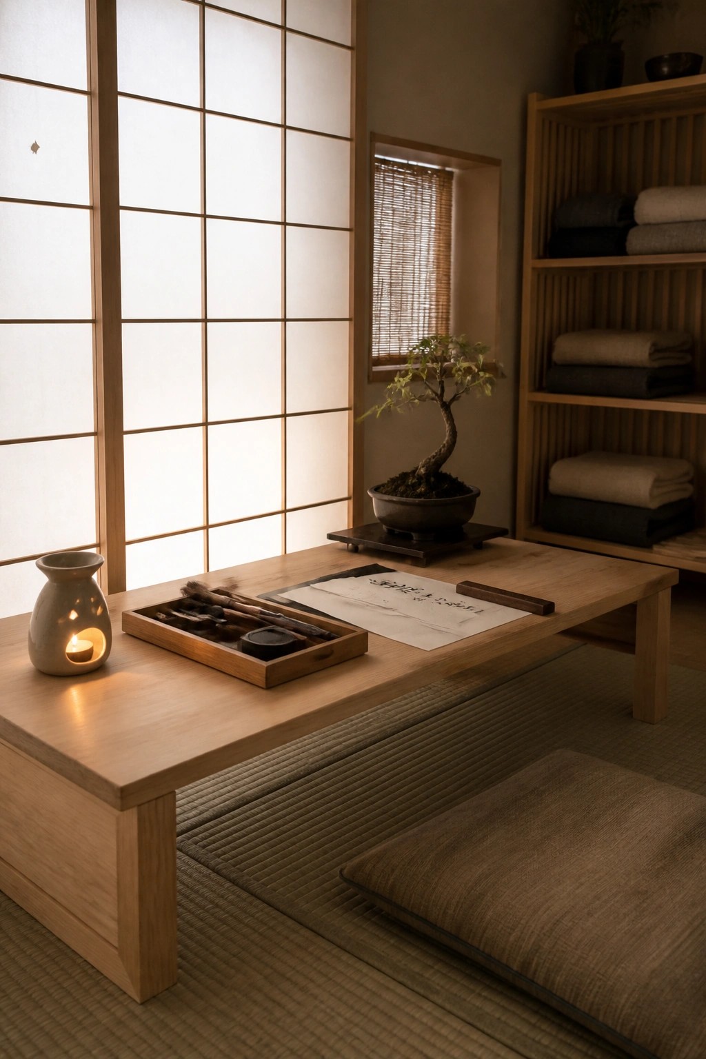 Low wooden table with calligraphy tools, bonsai, and candle on tatami mats