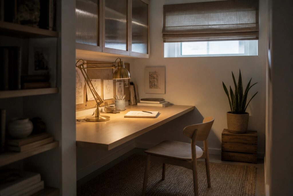20 Bright Home Study Ideas for Rooms With Limited Natural Light A built-in light wood desk with a brass task lamp, open notebook, and wall-mounted corkboard with pinned sketches in a small room with one window.