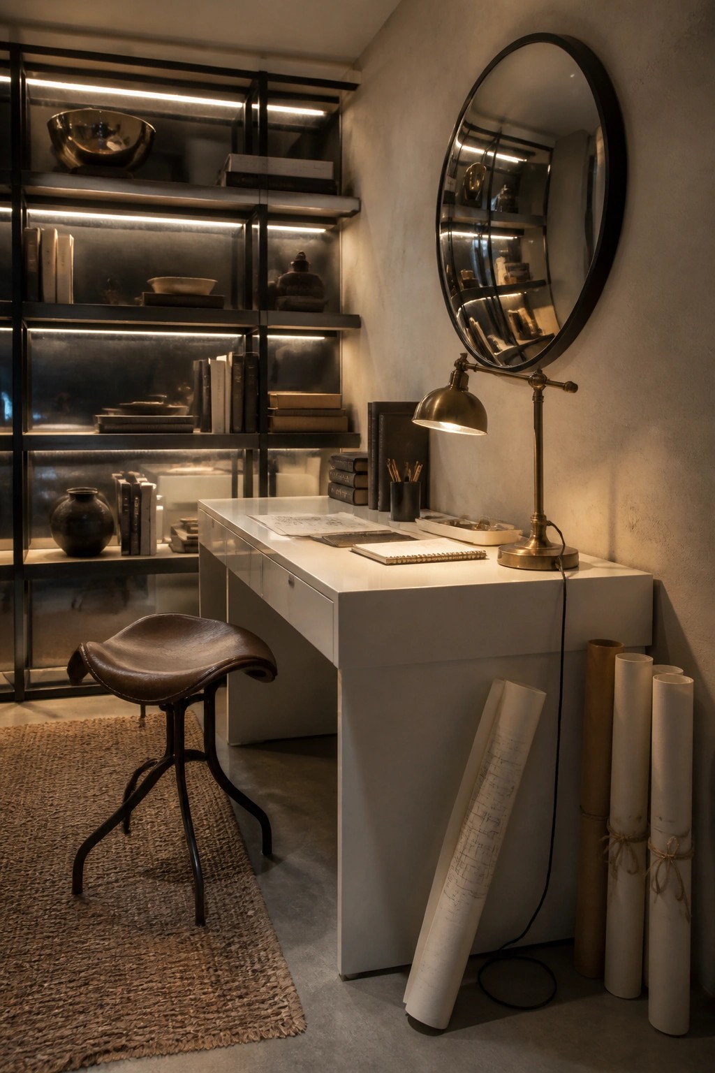 A white desk with a brass task lamp sits in front of glass-fronted shelves lit from within, holding books and pottery, with a round mirror on the wall to the right.