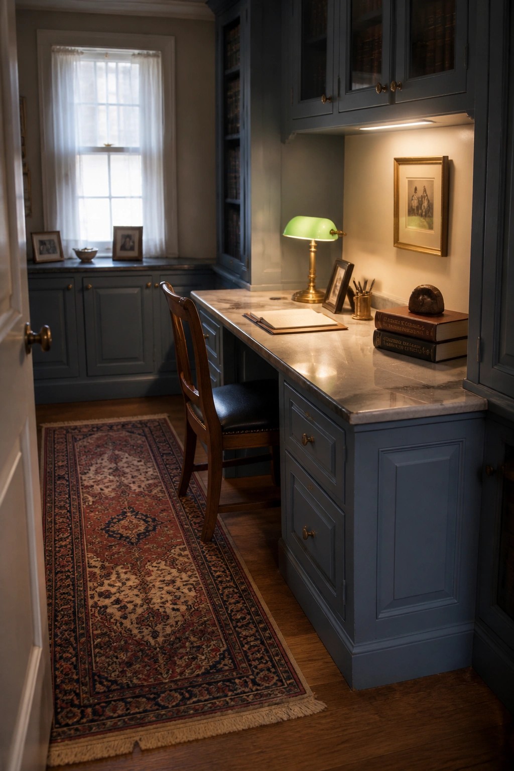 A home study featuring blue built-in cabinetry, a marble-top desk with an open notebook, a green banker's lamp, and under-cabinet lighting illuminating the workspace.