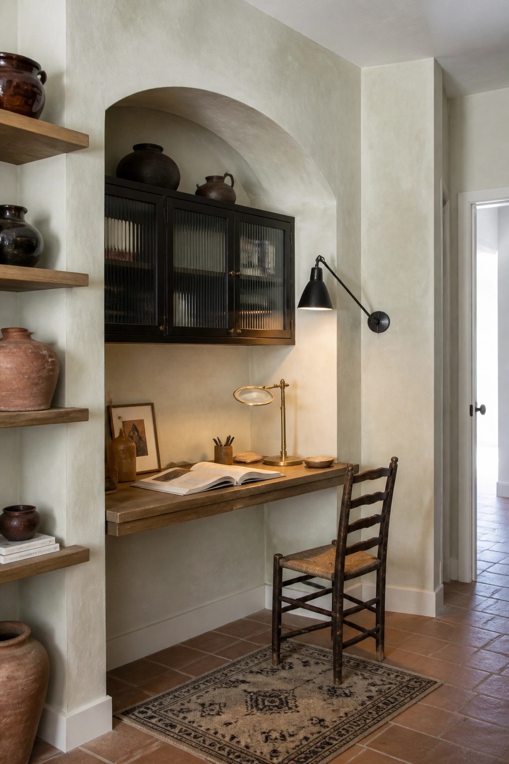 A wooden desk built into a light-colored arched alcove with dark glass-front cabinets above, a wooden chair on a small rug, and pottery on nearby shelves.