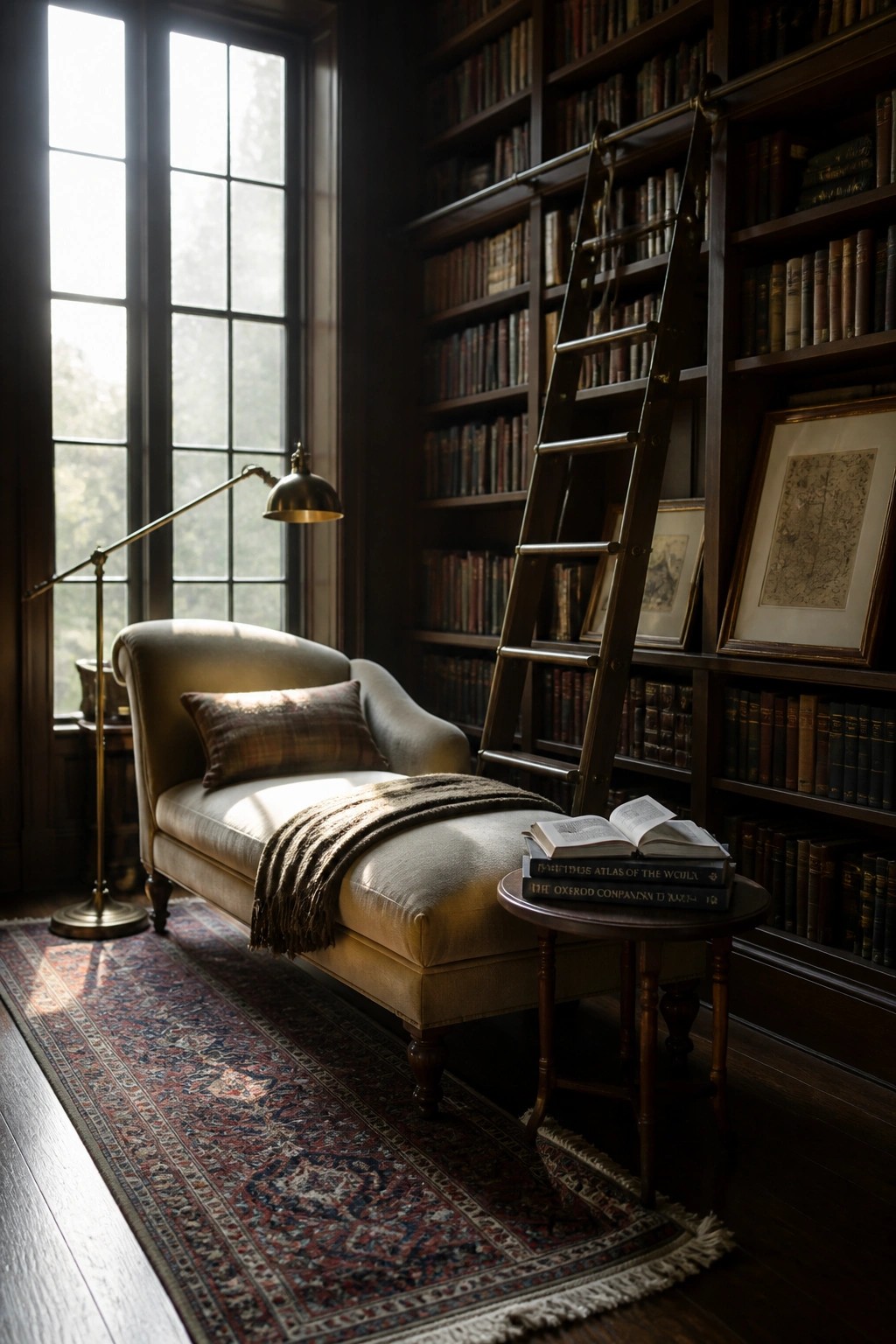 A library interior showing a beige chaise lounge positioned in front of a large multi-paned window, with dark wood bookshelves and a rolling ladder visible behind it.