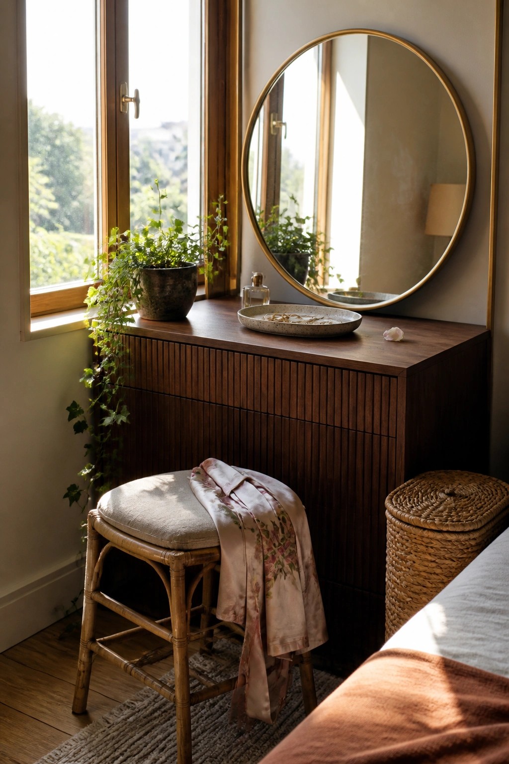 A wooden dresser used as a vanity sits under a large window with a round mirror mounted above it, a cushioned stool in front, and potted plants on the windowsill.