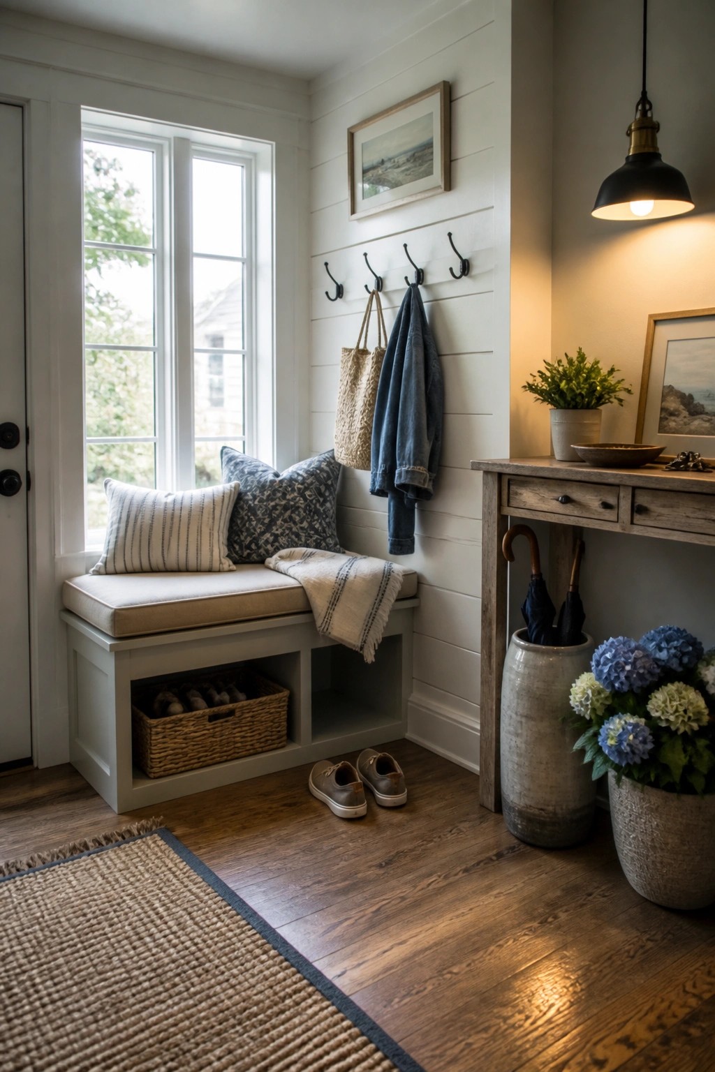 Cozy mudroom with window bench, wall hooks, console table, umbrellas, and hydrangeas