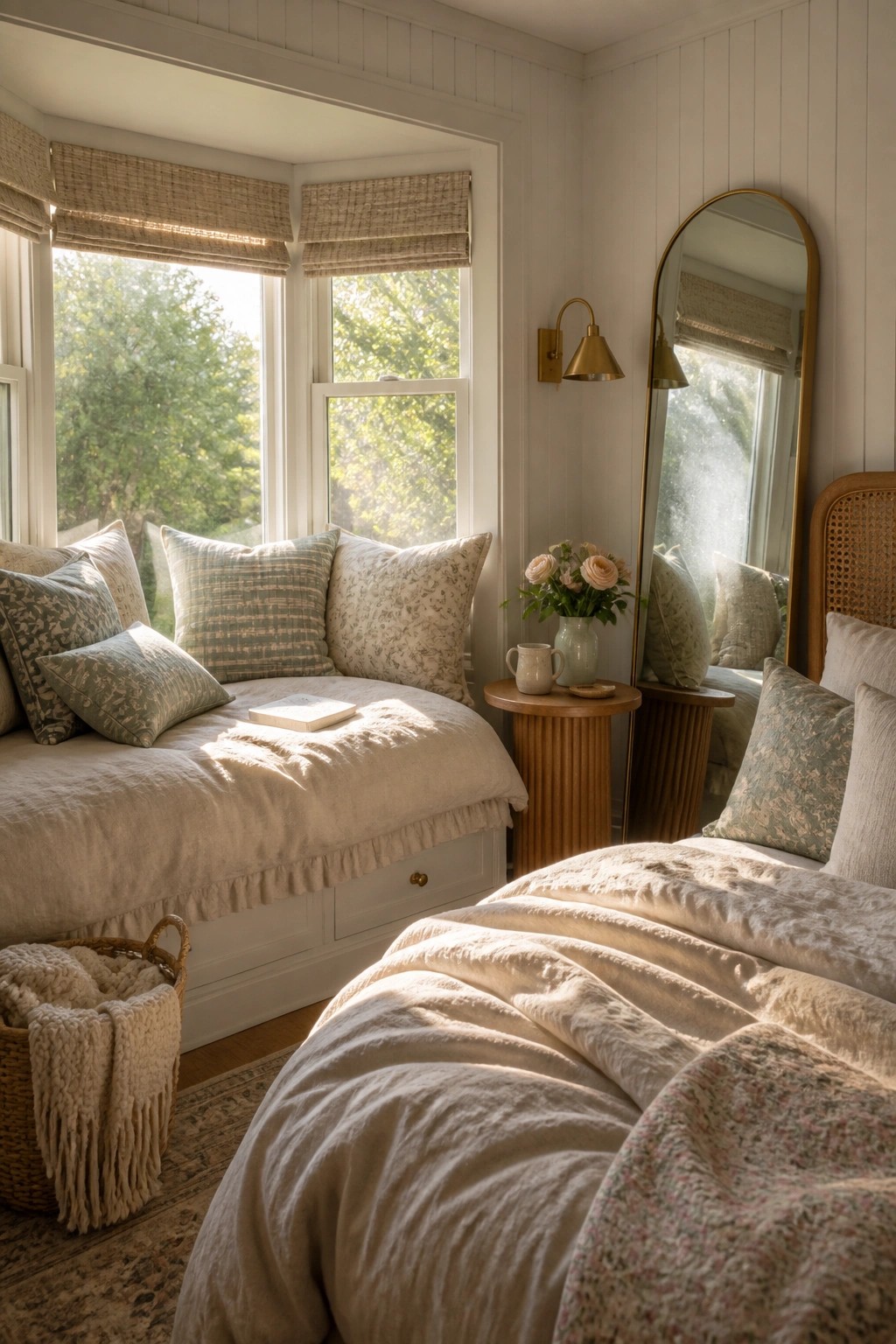 A bedroom interior showing a built-in window seat with cushions under three windows, positioned next to a bed with rumpled bedding and a full-length mirror on the wall.