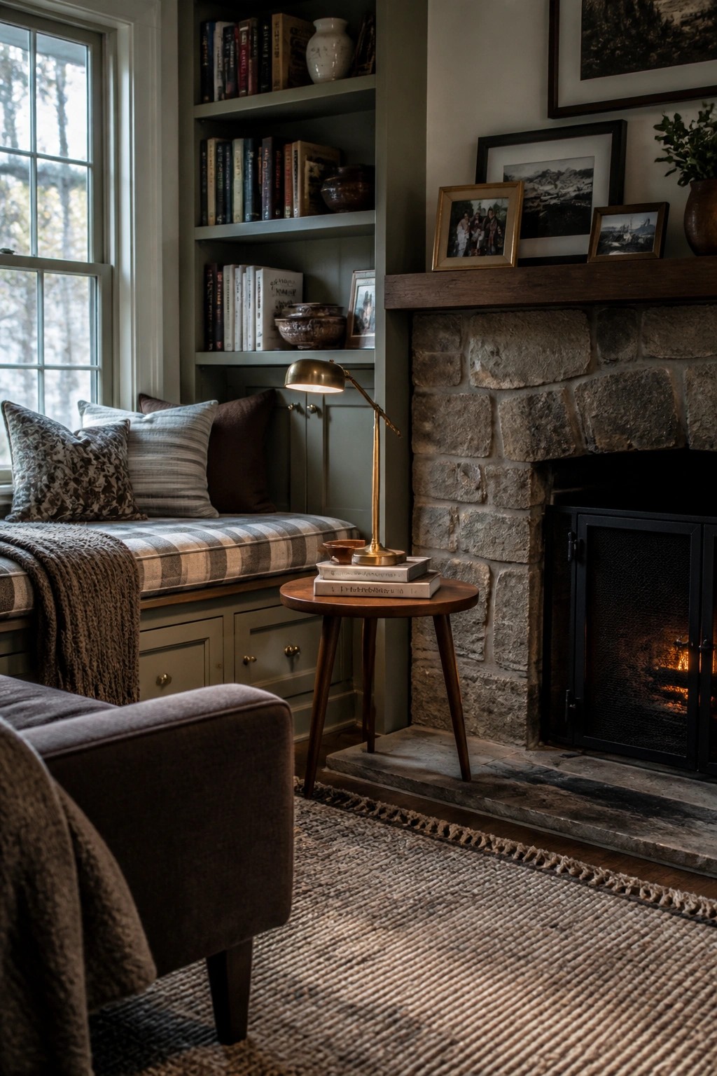 A cozy interior corner featuring a built-in window seat with striped cushions and pillows, built-in bookshelves above, a stone fireplace to the right, and a small wooden side table with a brass lamp.