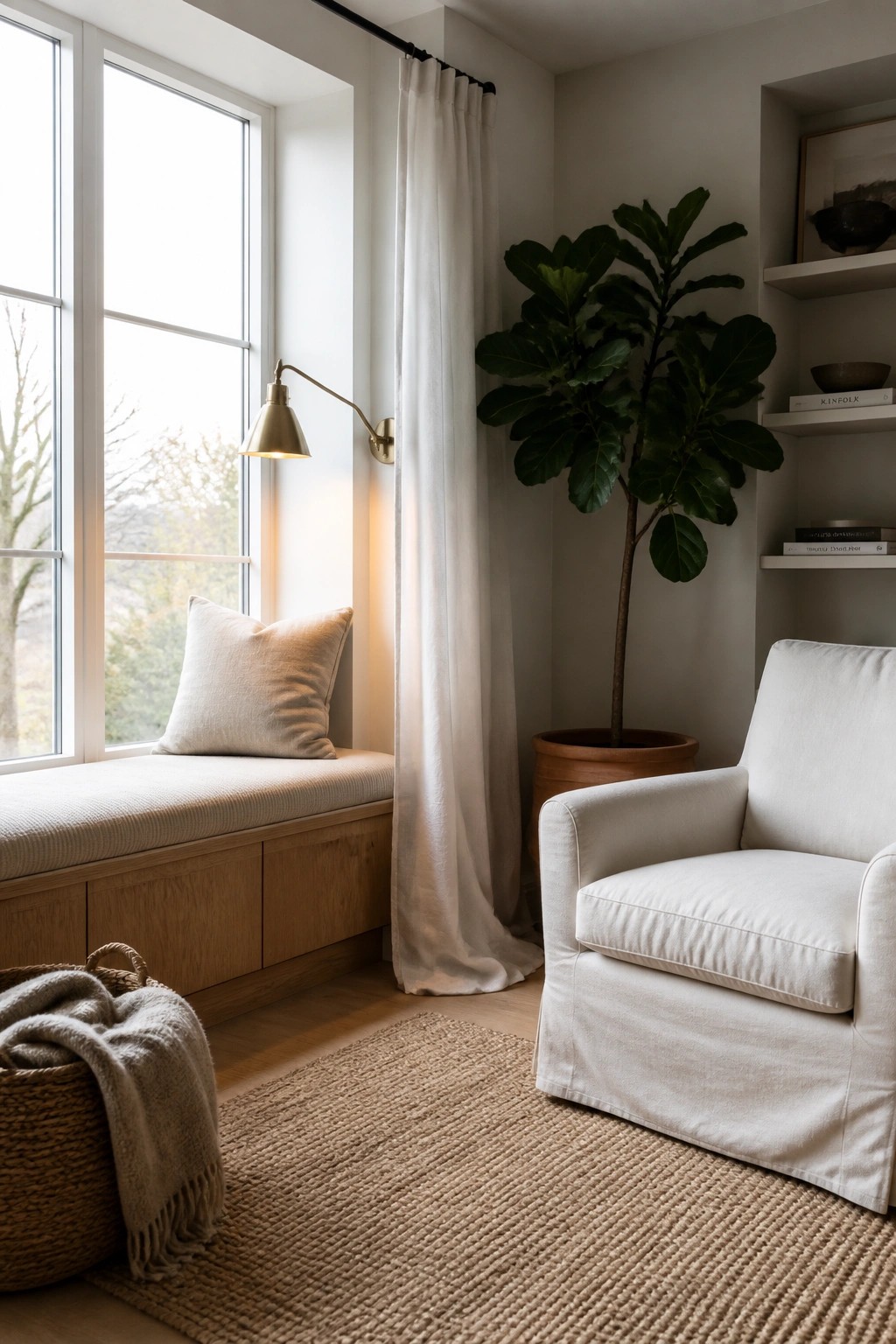 A bright interior corner featuring a built-in window seat with a beige cushion, a white slipcovered armchair, a large potted fiddle-leaf fig, and a woven jute rug on the floor.