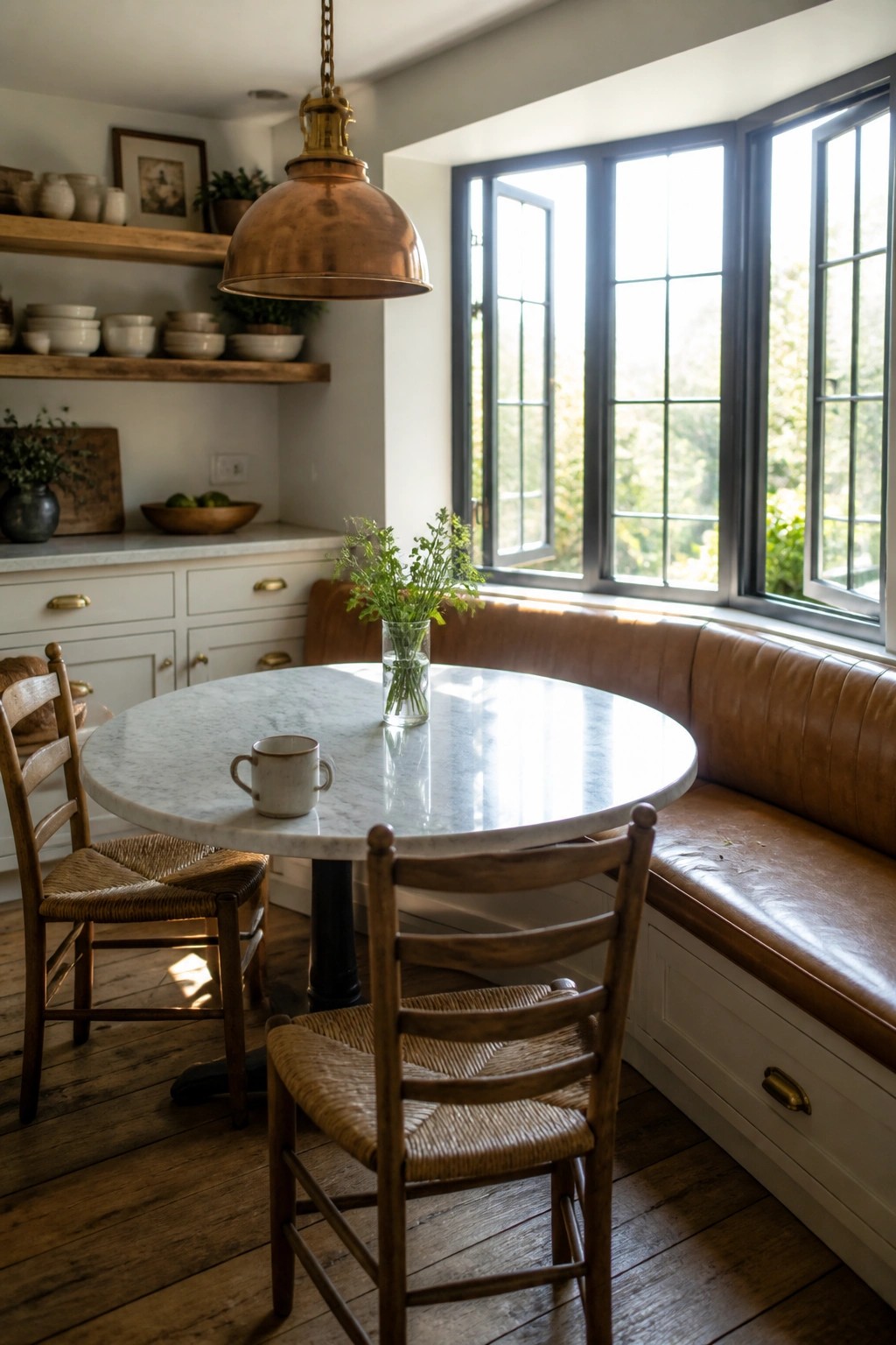 A round marble table with wooden chairs and a brown leather built-in bench sits in front of large black-framed windows in a kitchen corner.