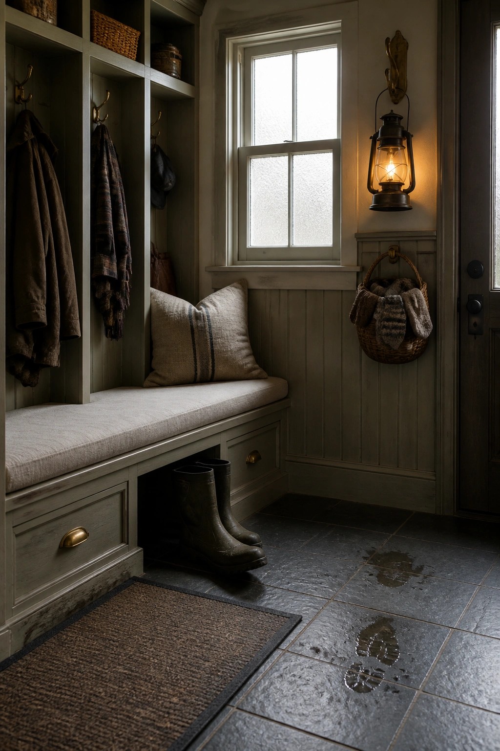 Interior view of a mudroom with a built-in bench under a window, dark boots stored beneath, and a lit lantern on the wall.