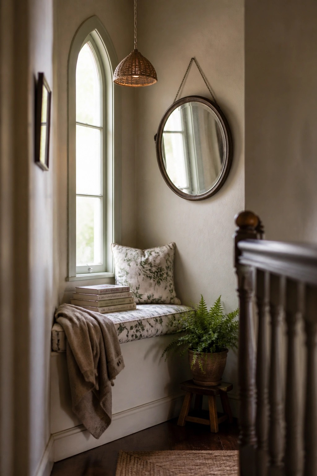 An interior corner features an arched window above a built-in bench with a patterned cushion, stacked books, and a pillow, with a round mirror hanging on the wall nearby.