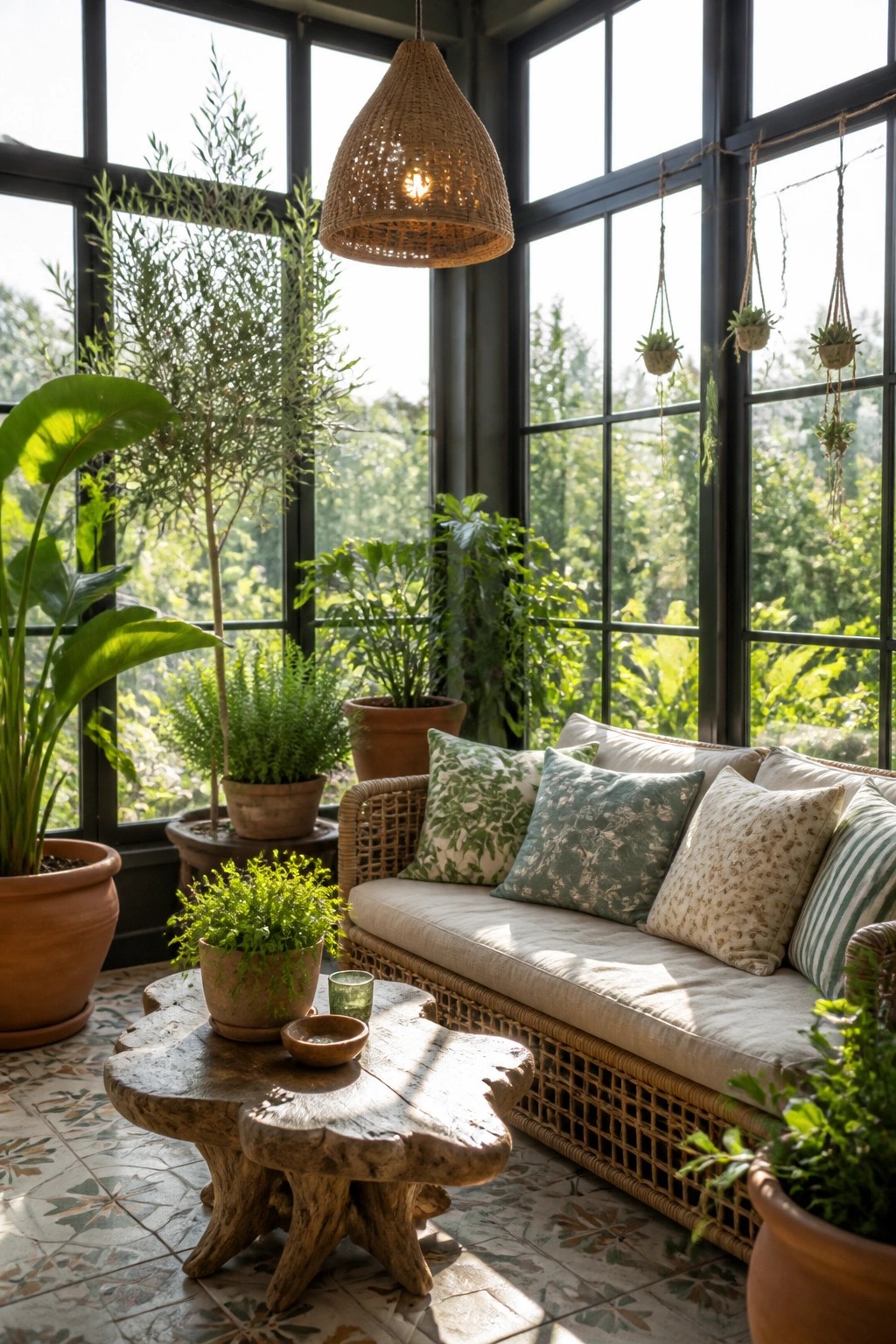 A bright interior corner with a cushioned wicker sofa, rustic wooden coffee table, and many potted plants arranged in front of large black-framed windows.