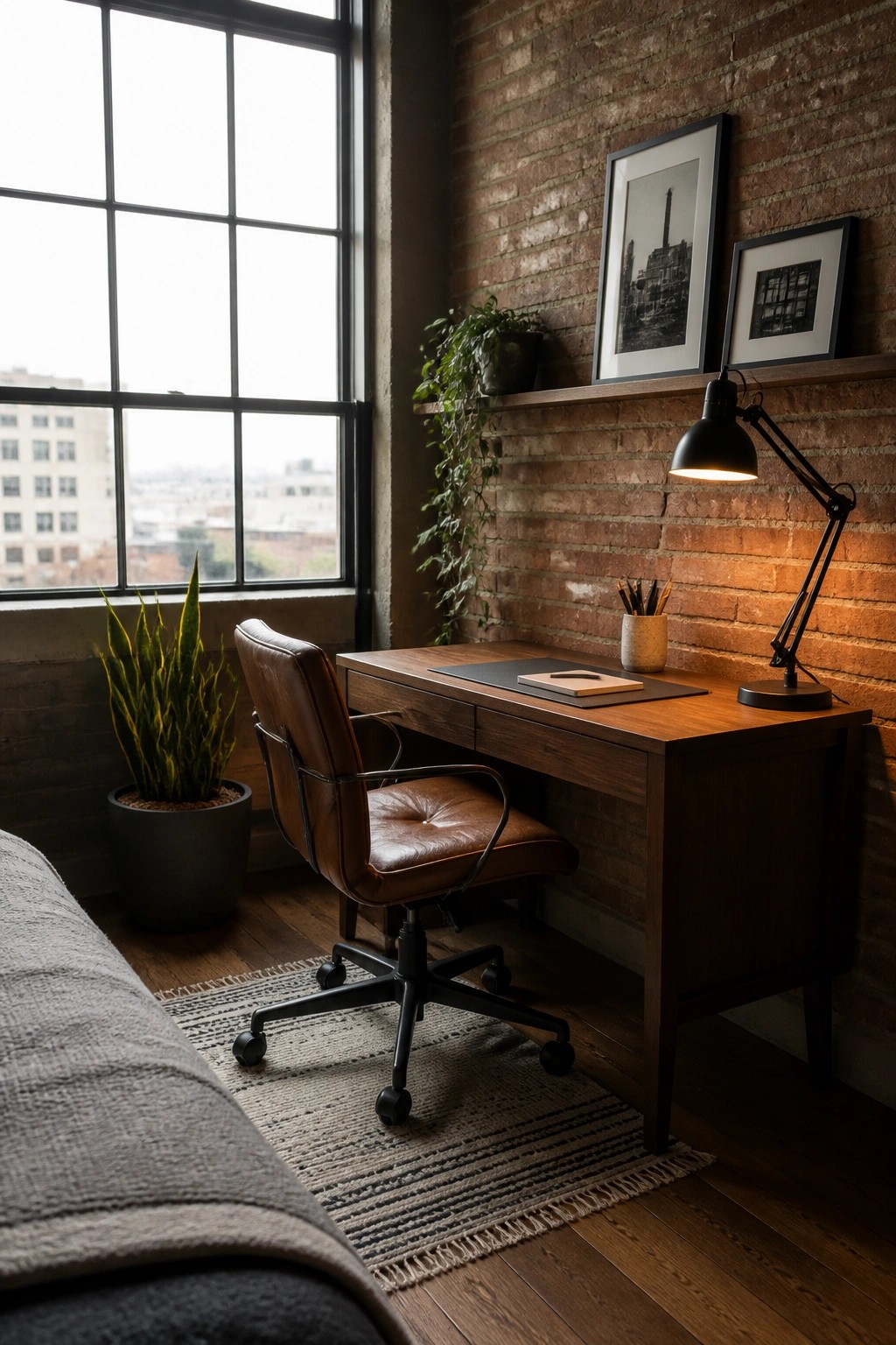 Cozy workspace with brown leather chair at wooden desk against red brick wall