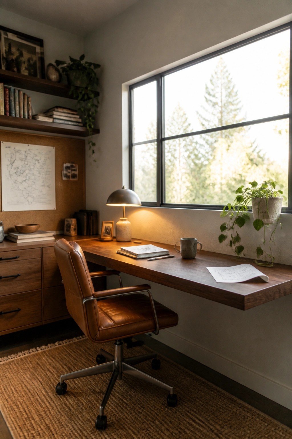 A wooden desk with a brown leather office chair sits directly under a large multi-pane window, with bookshelves and a corkboard visible on the adjacent wall.