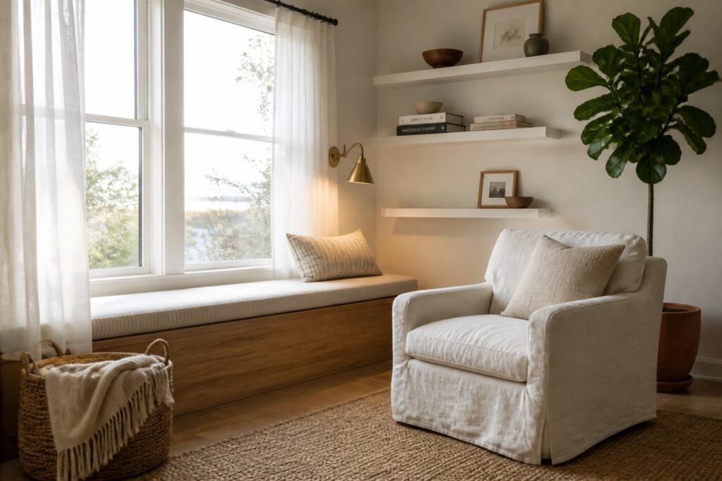 20 Charming Window Corner Ideas Built Around Natural Light A bright interior corner featuring a built-in window seat with a beige cushion, a white slipcovered armchair, a large potted fiddle-leaf fig, and a woven jute rug on the floor.