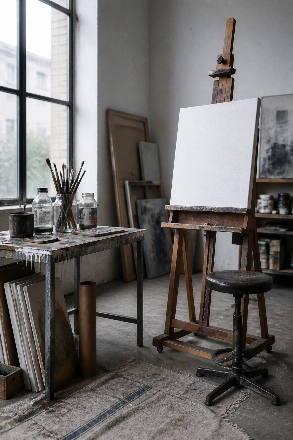An artist's studio with a large multi-paned window beside a wooden work table holding jars of paintbrushes and an easel with a blank canvas.
