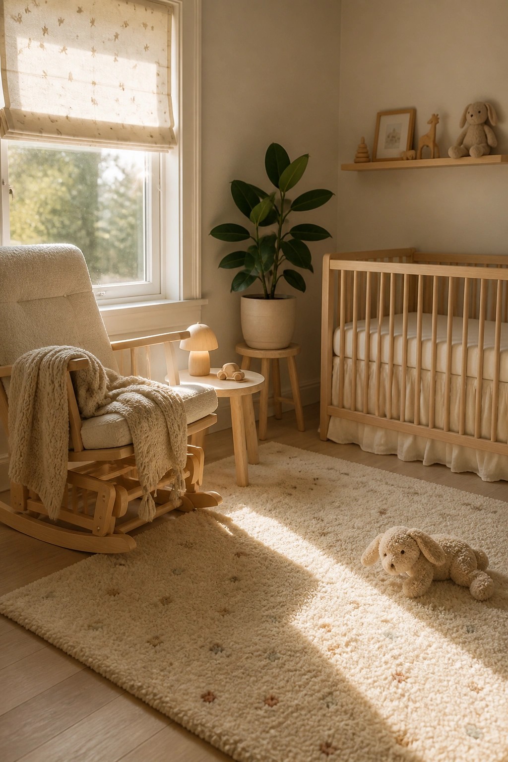 A wooden rocking chair with a blanket sits beside a window in a light-colored nursery room with a crib, rug, and potted plant.