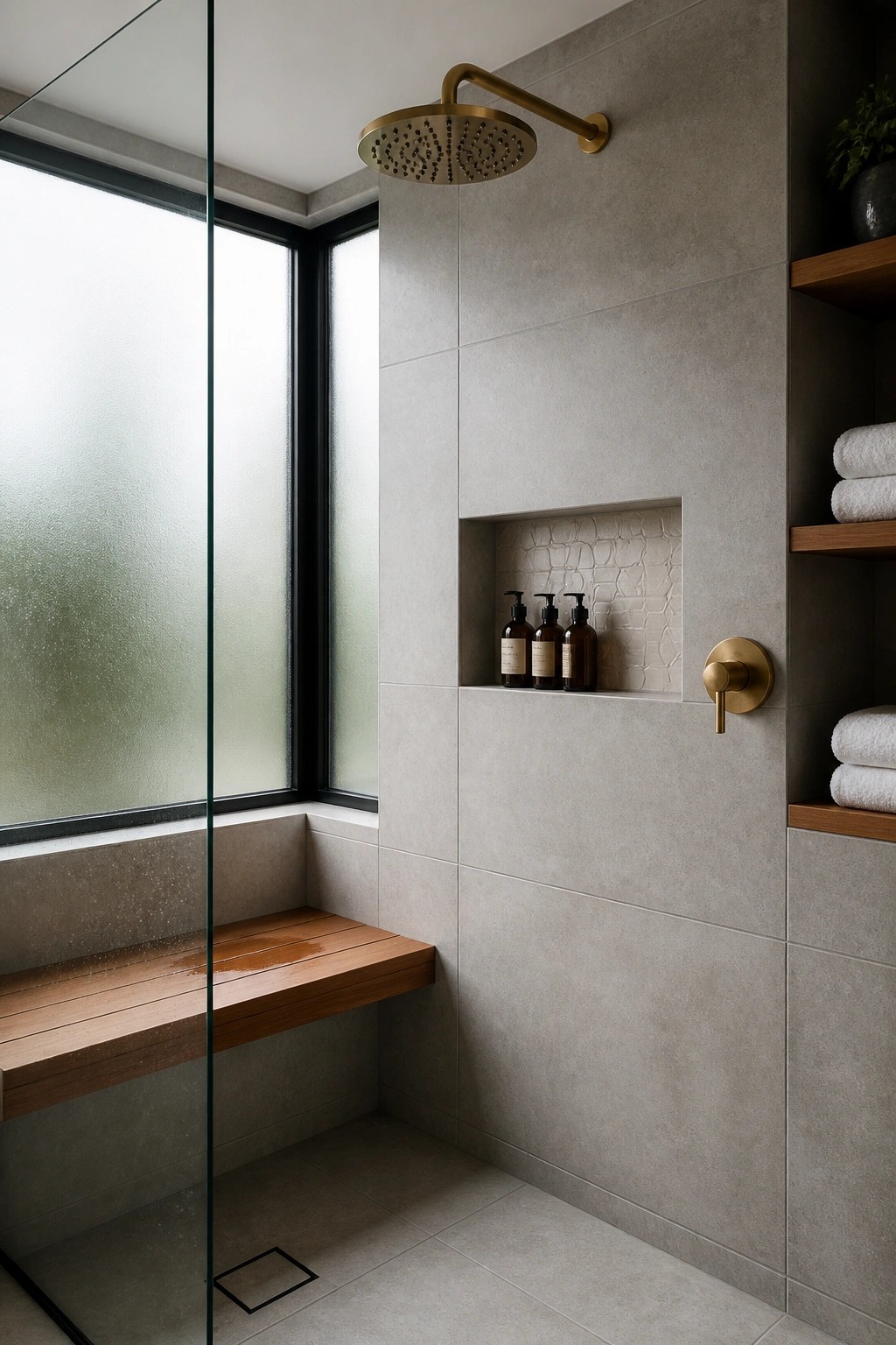 A modern shower with gray tiles, a wooden bench beneath a large frosted window, brass showerhead and controls, and a recessed product niche.